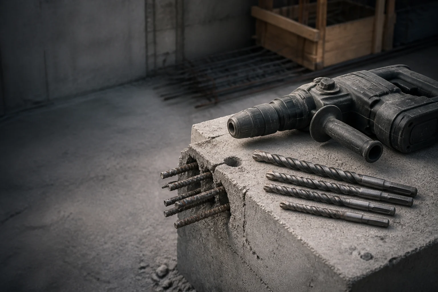 Construction site workbench with an SDS-max rotary hammer, carbide-tipped masonry drill bits and reinforced concrete with exposed rebar