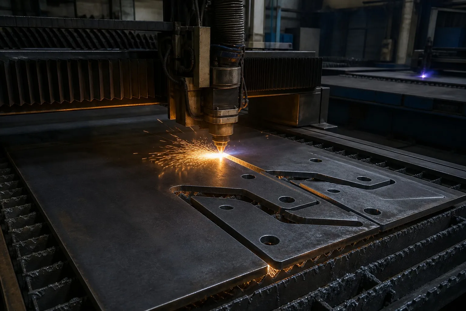 12 kW fibre laser cutting heavy-duty bracket blanks at the XCWY plant