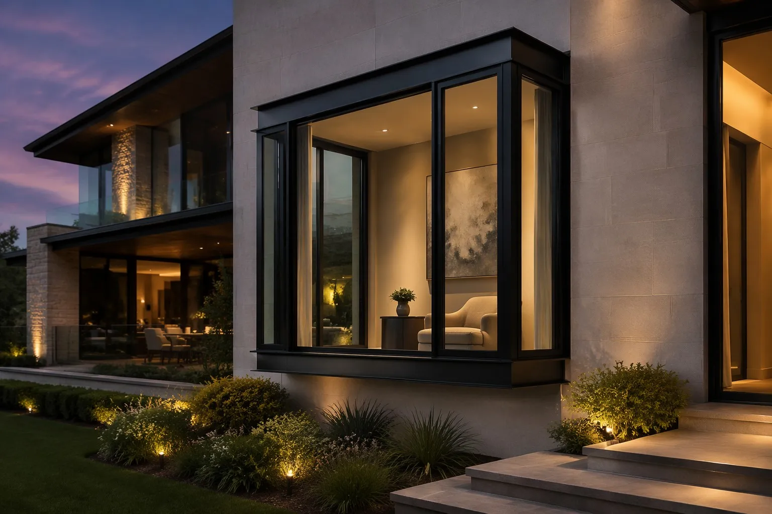 Luxury villa with elegant projecting aluminum bay window and warm interior nook