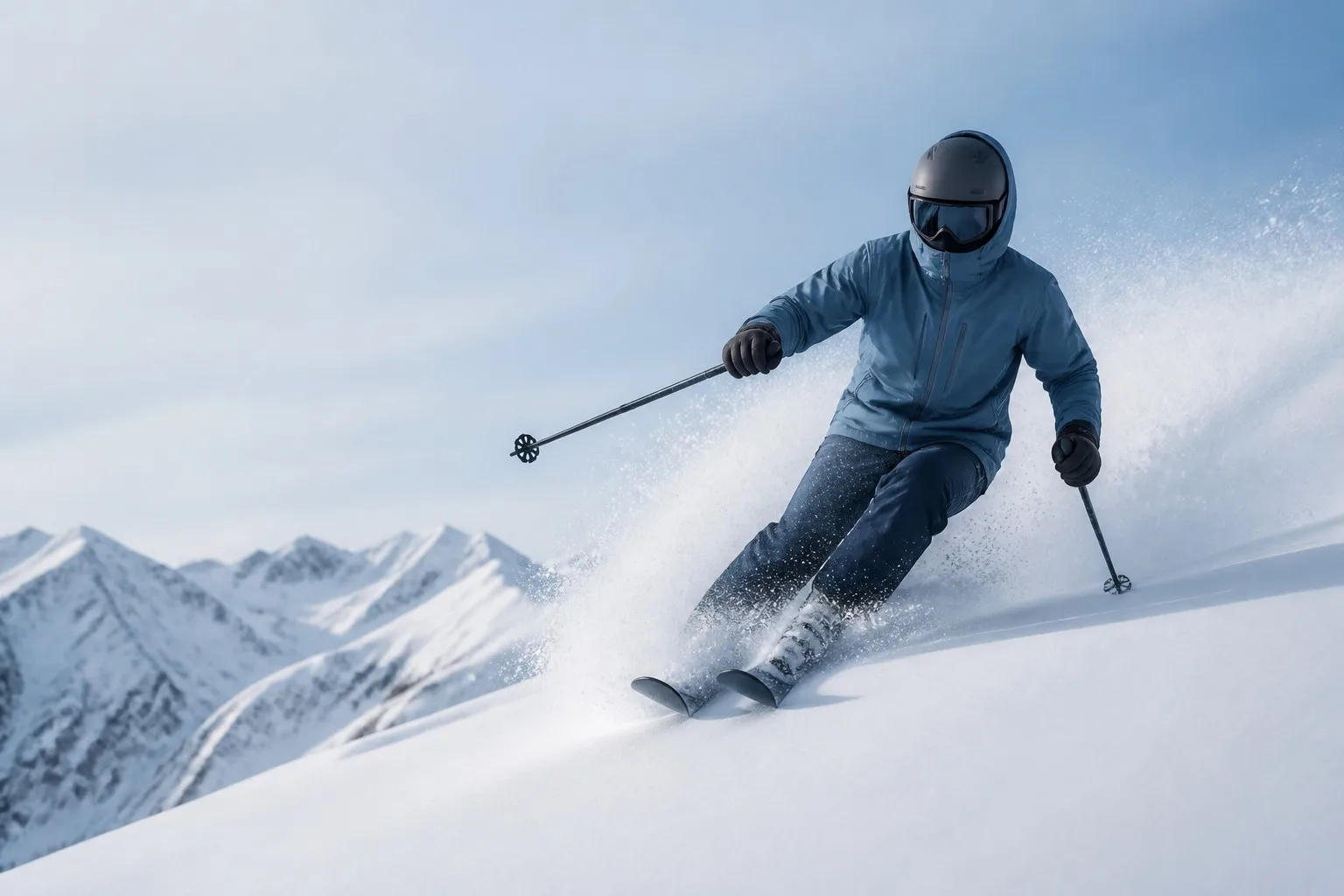 Fully clothed skier wearing an unbranded insulated waterproof jacket on an alpine snow slope