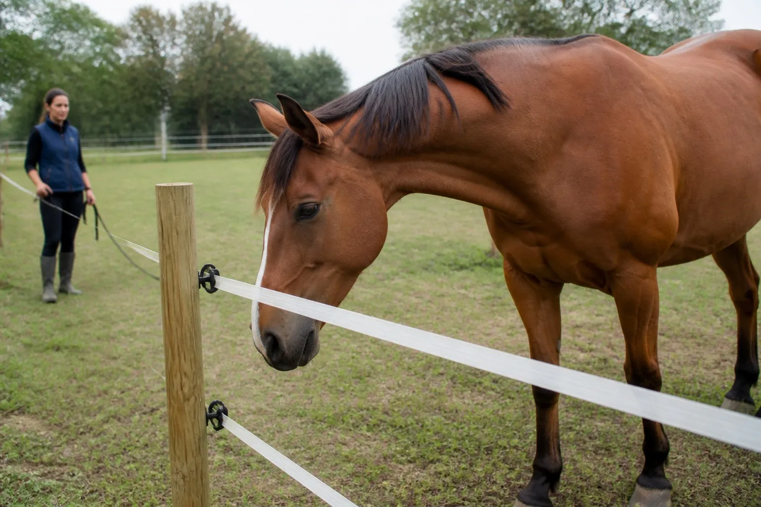 Horse being trained to respect an electric tape fence