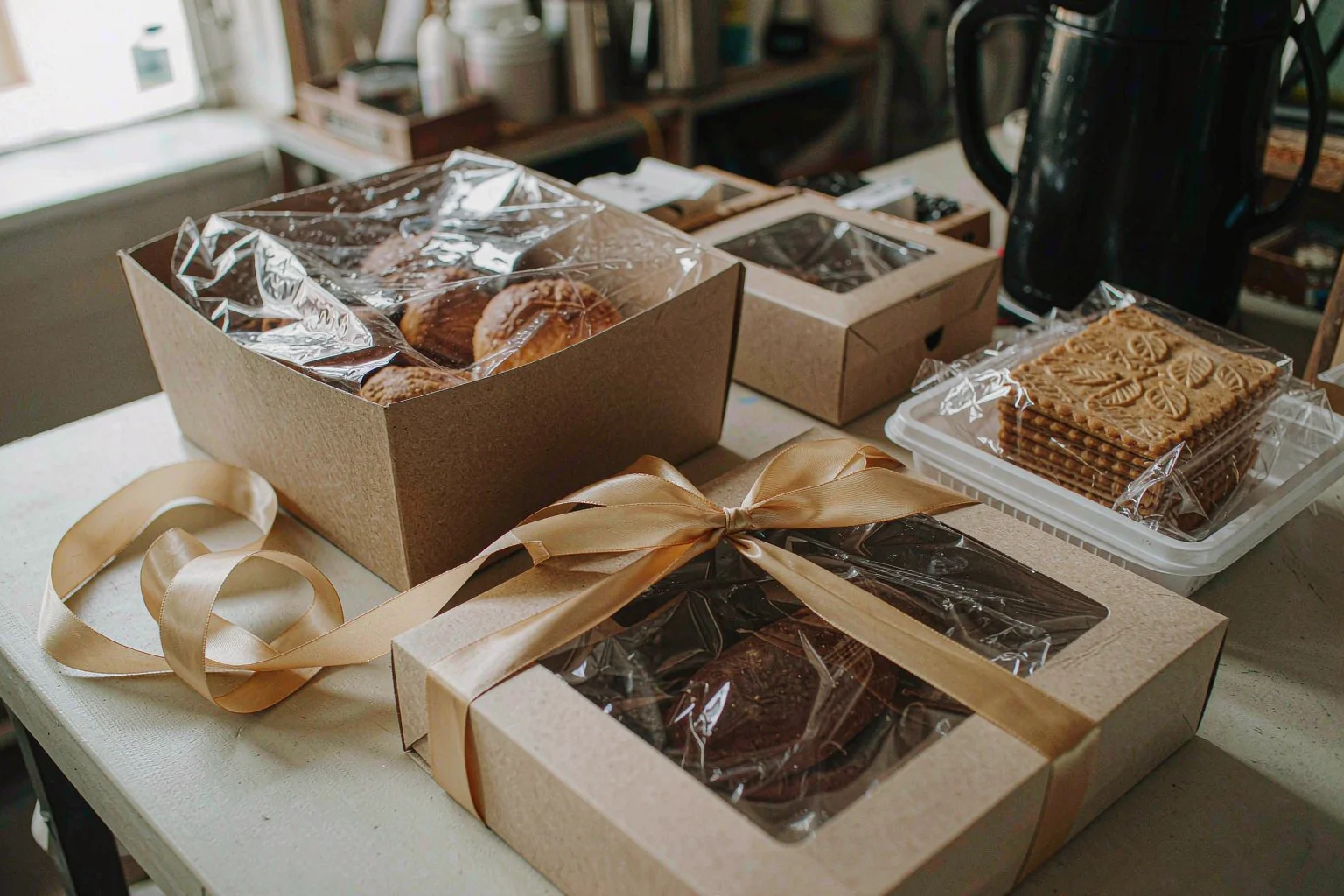 Bakery gift boxes tied with cream satin ribbon displayed on a table showing food gift packaging presentation