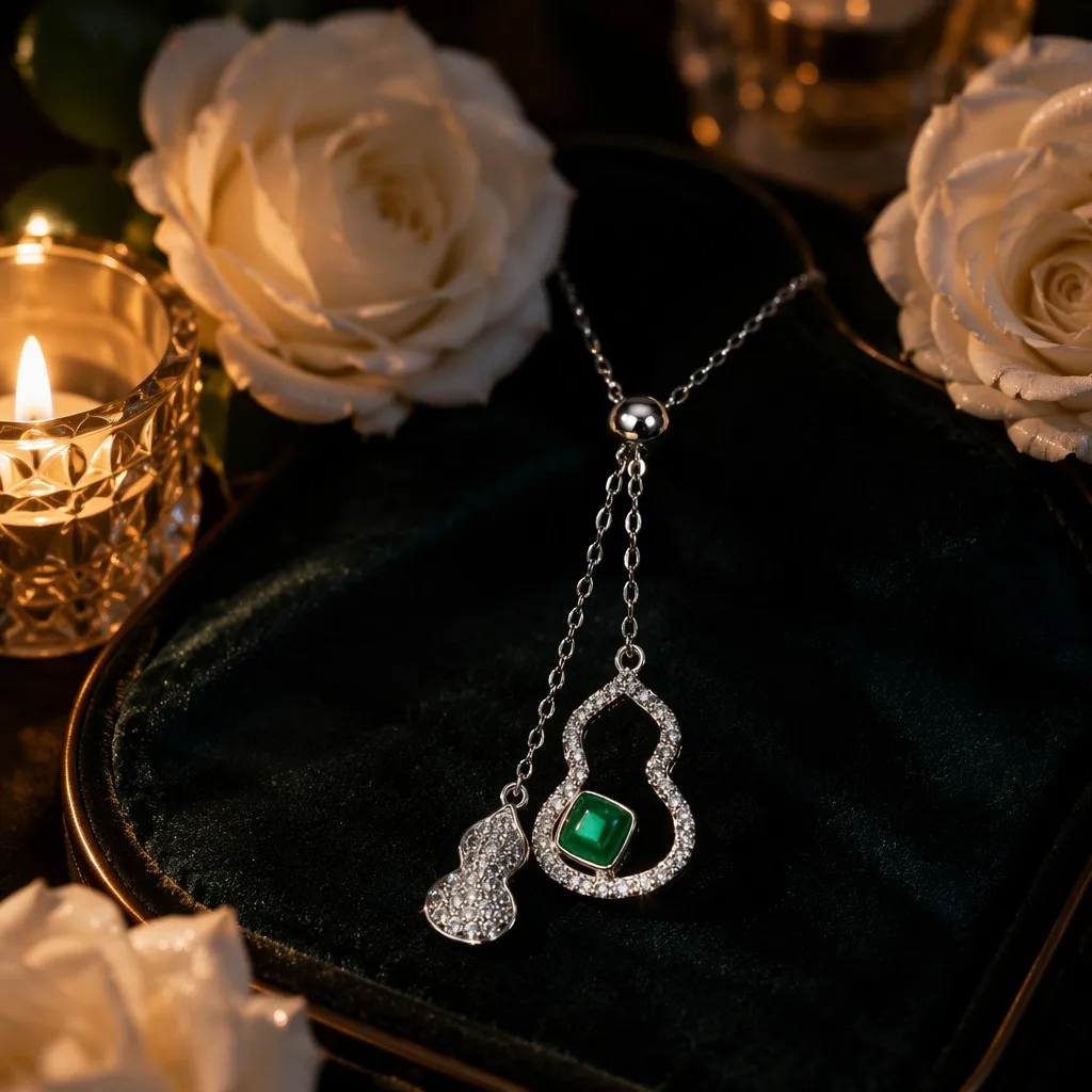 S925 Sterling Silver Gourd Pendant Necklace Green Emerald and CZ Y Chain for Women Wedding Gift