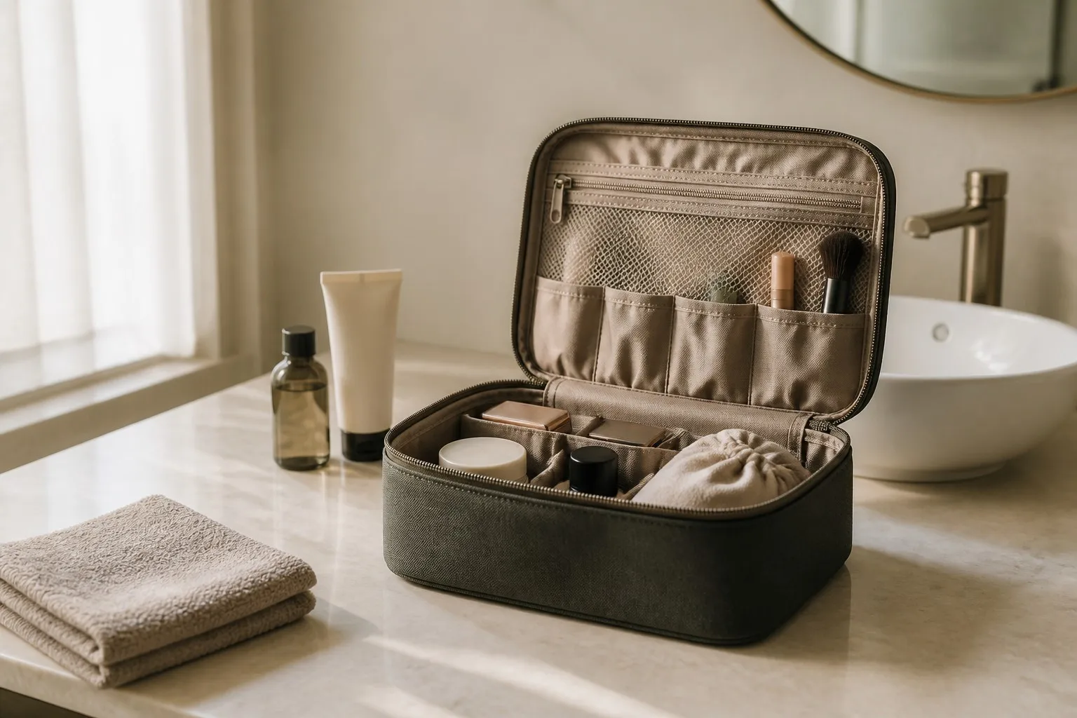 Unbranded multi-compartment cosmetic organizer open on a bathroom counter with travel items