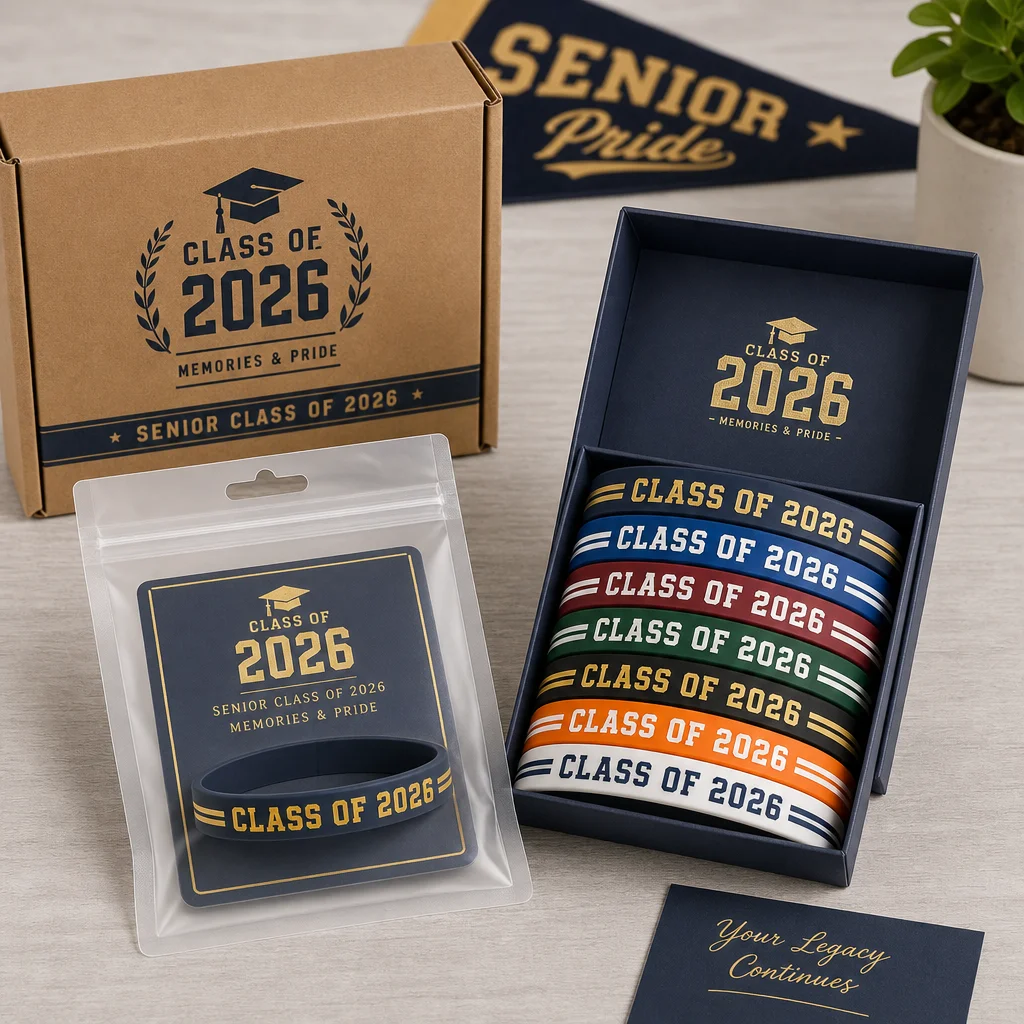 Custom school graduation silicone wristbands in frosted pouch with gold foil card