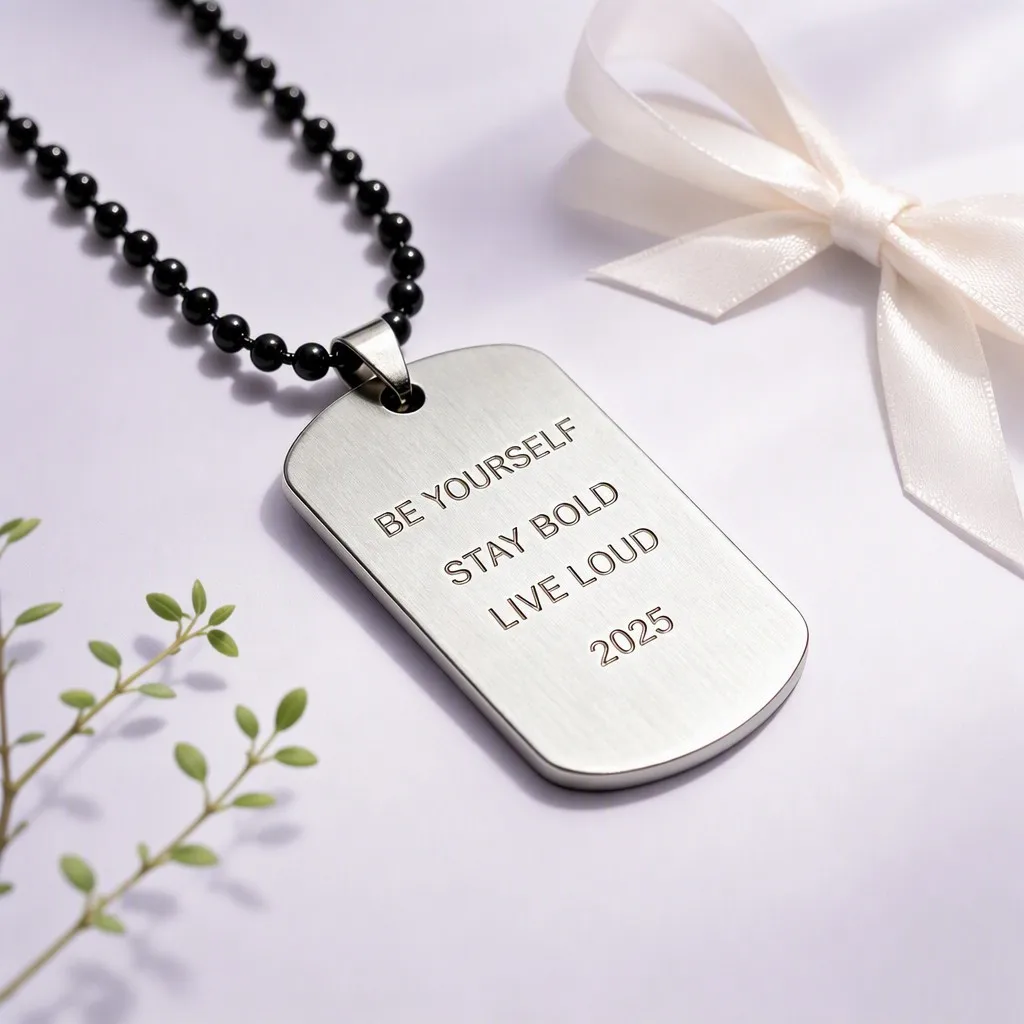 Brushed silver quote dog tag necklace on lavender studio backdrop