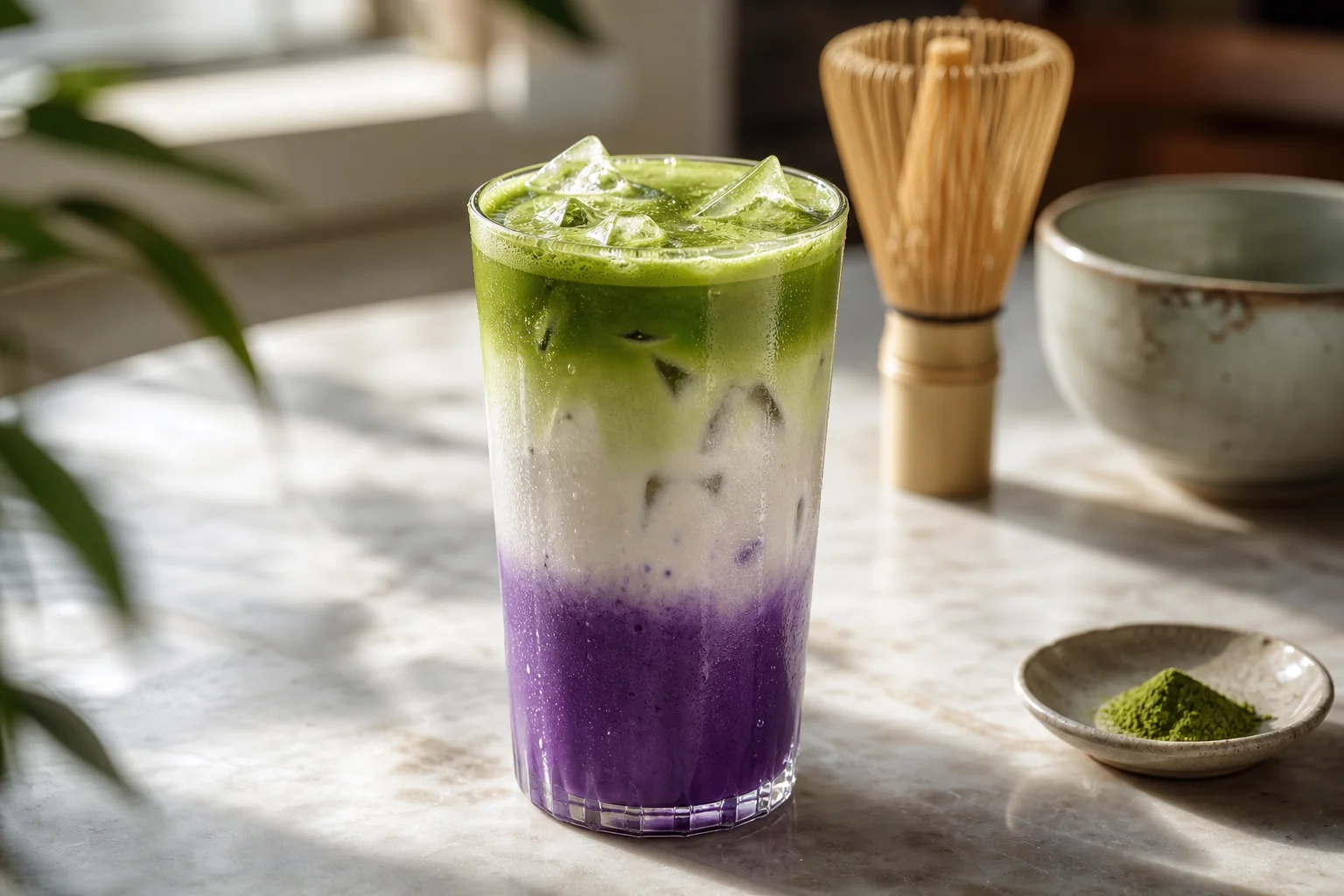 Signature Iced Ube Matcha Latte with sharp violet purple yam base, oat milk, and jade green matcha crown
