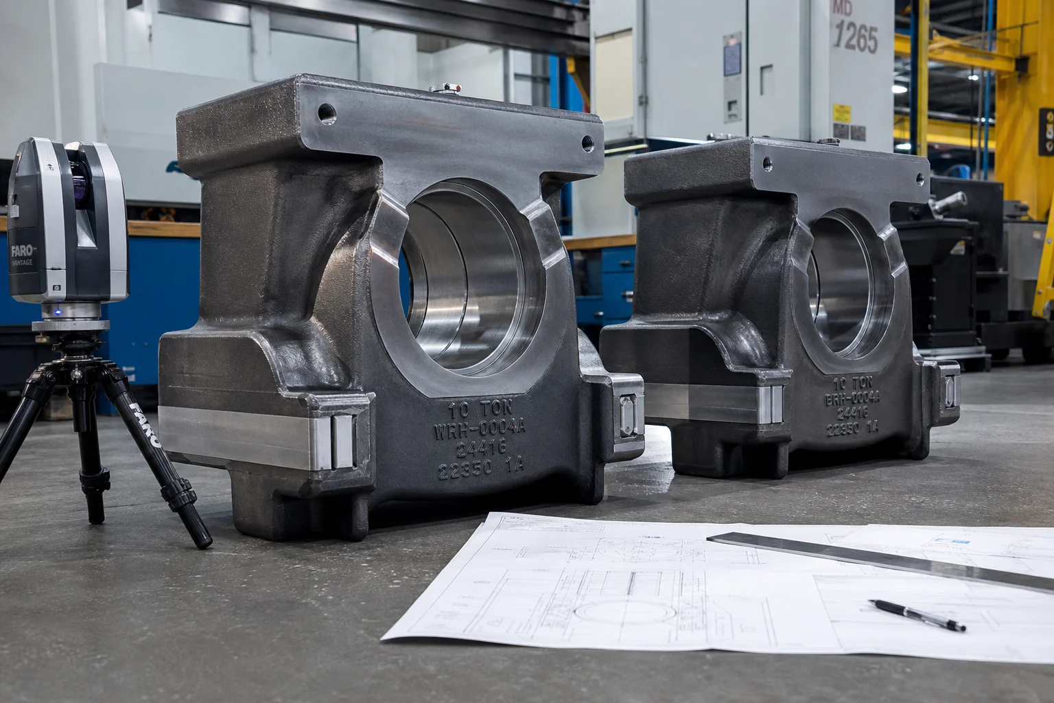 Pair of massive 10-ton cast alloy steel rolling mill work roll and back-up roll chocks