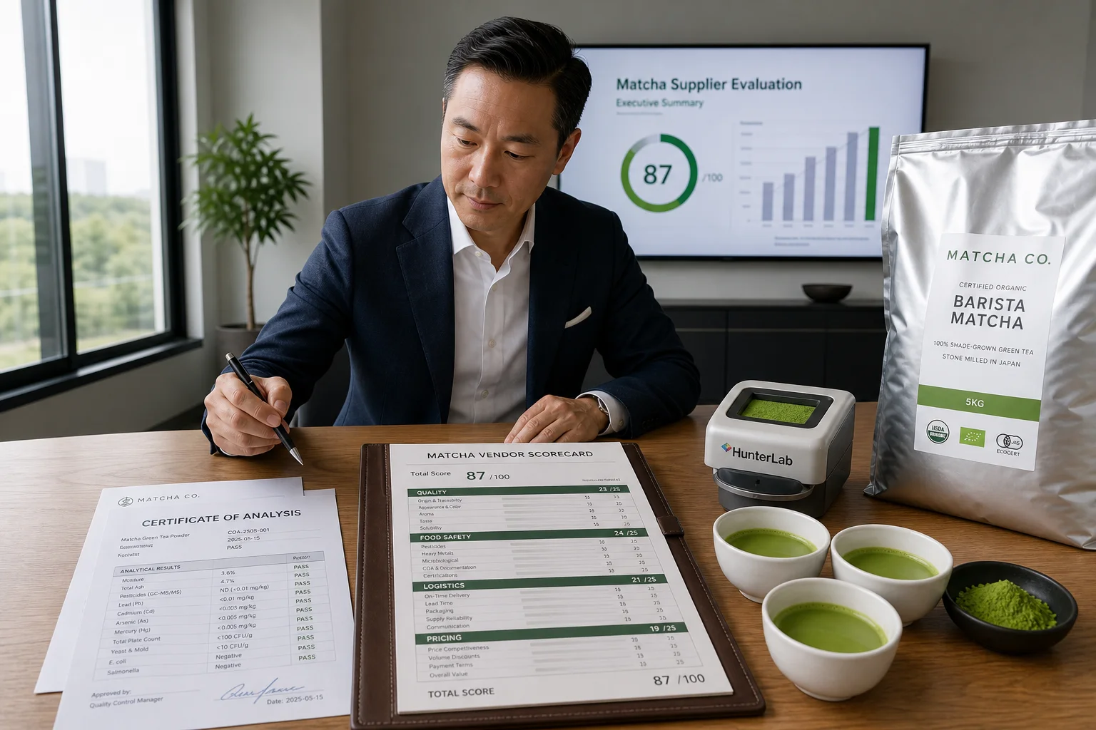 Corporate supply chain director evaluating a 100-point matcha vendor scorecard with Certificate of Analysis reports, HunterLab colorimeter, and bulk matcha powder