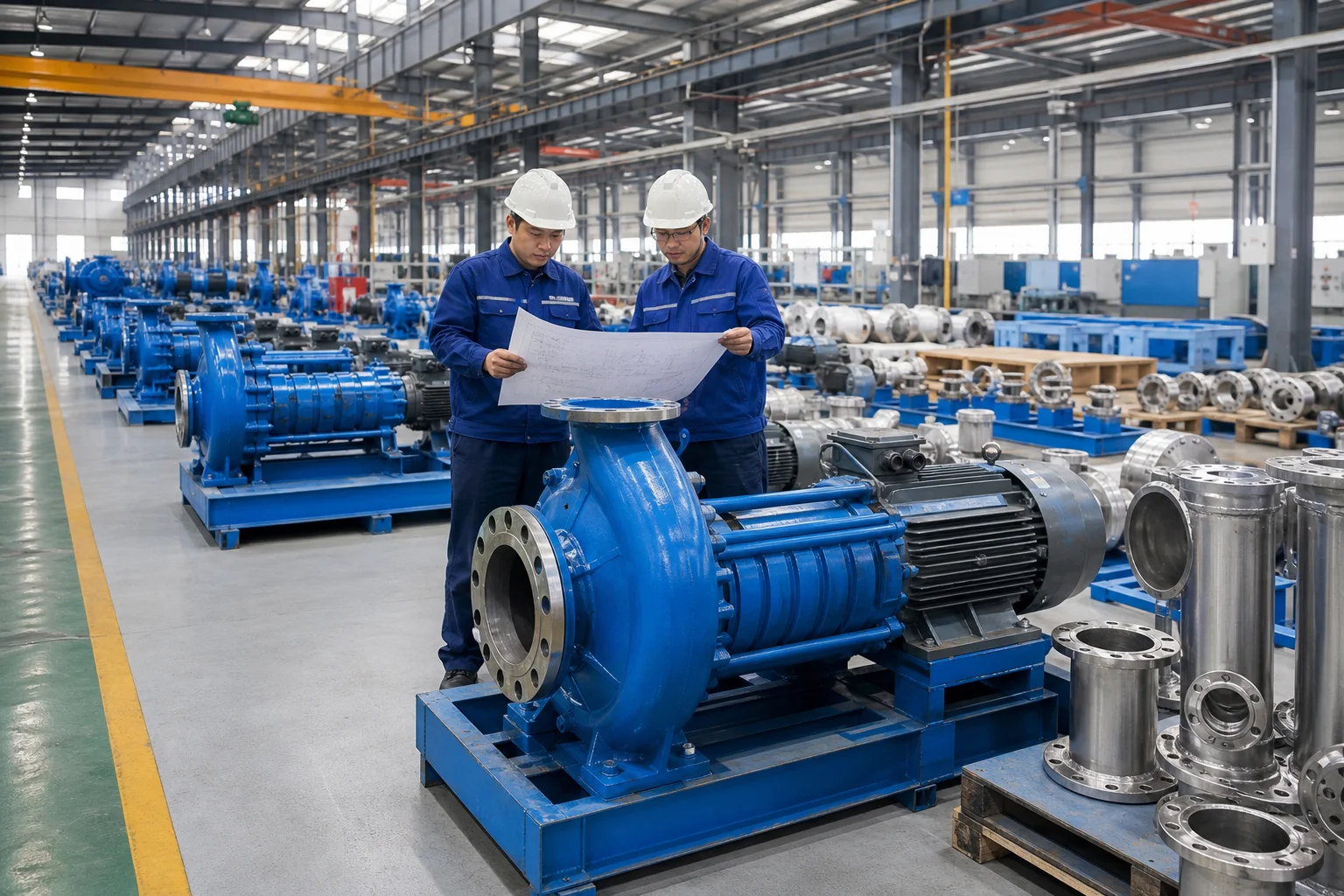 news-1-1 Engineers reviewing a drawing beside multistage pumps on a modern Chinese pump assembly floor