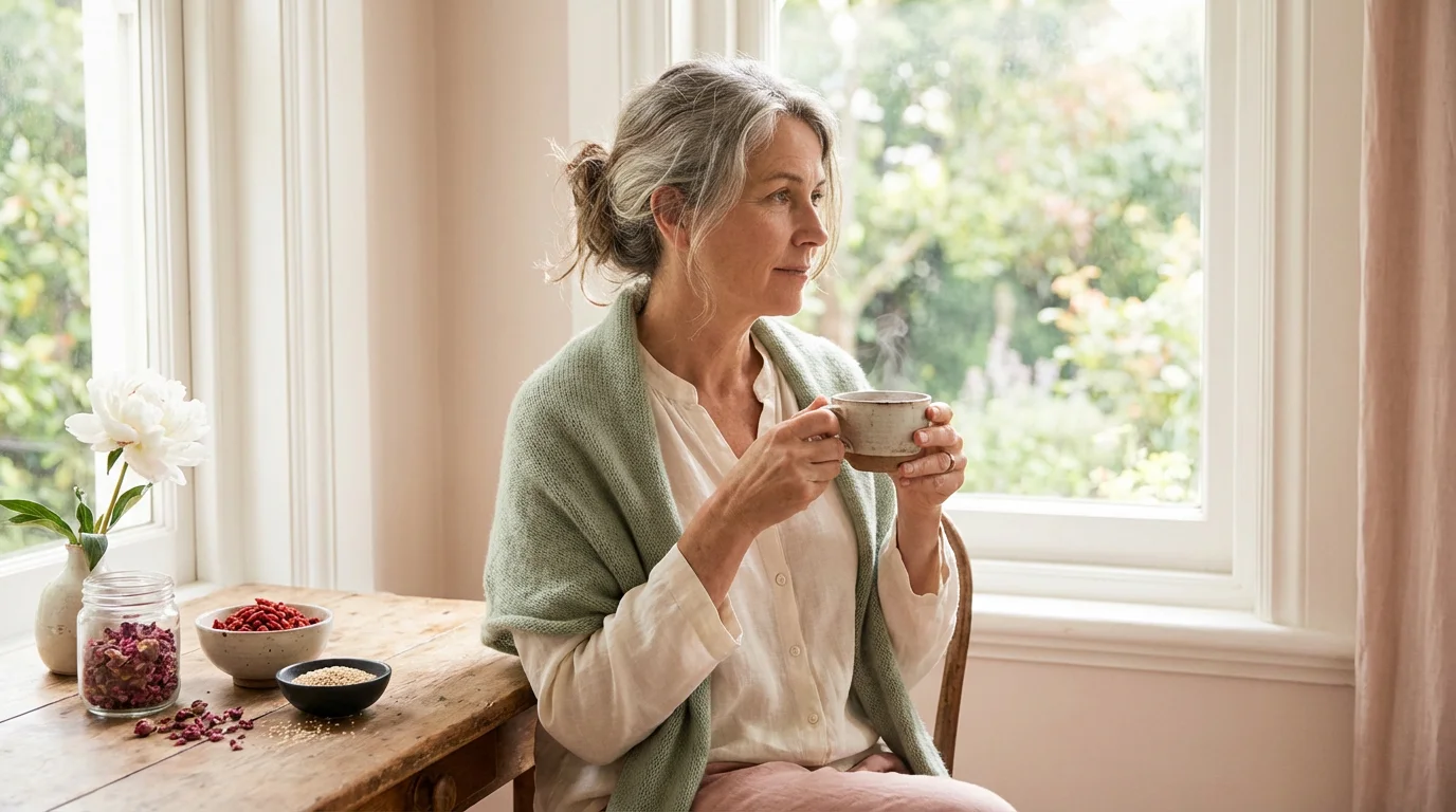 Menopause relief through Traditional Chinese Medicine - calm and empowered woman with herbal tea