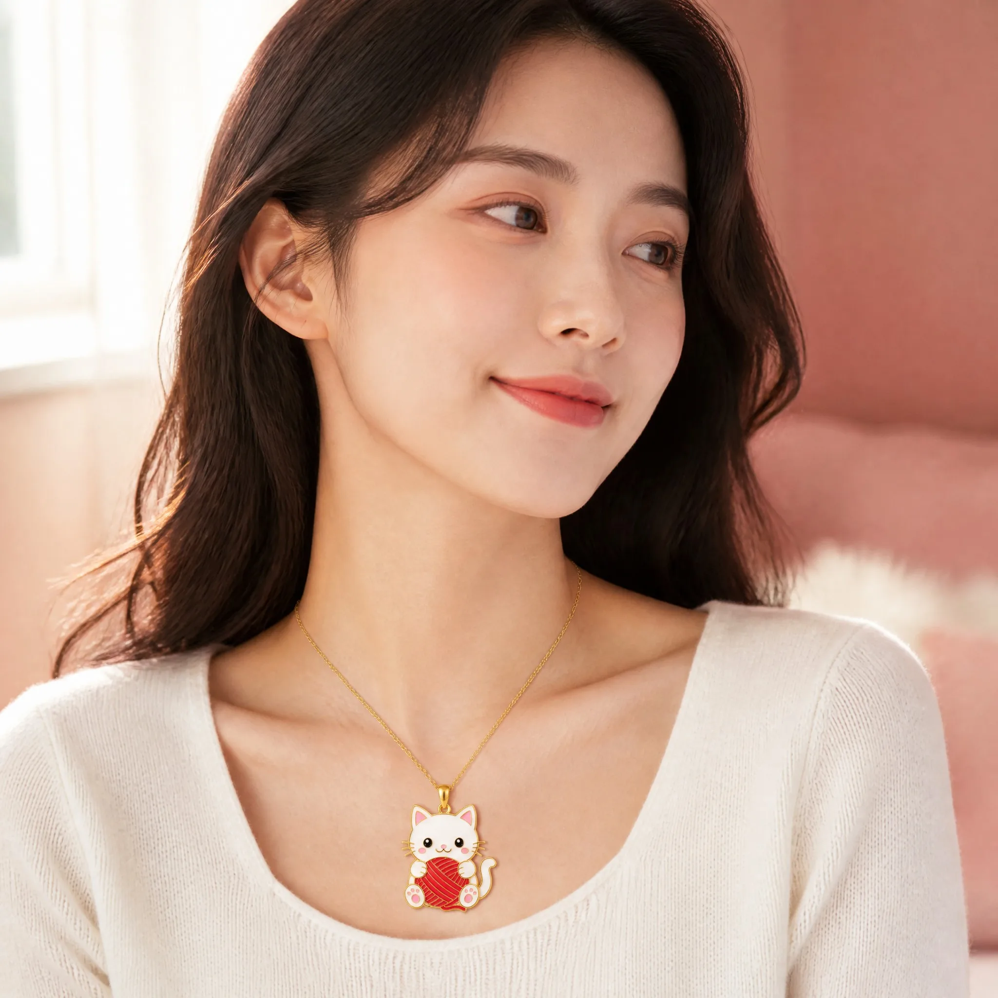 Young woman wearing kawaii cat pendant necklace, lifestyle photo