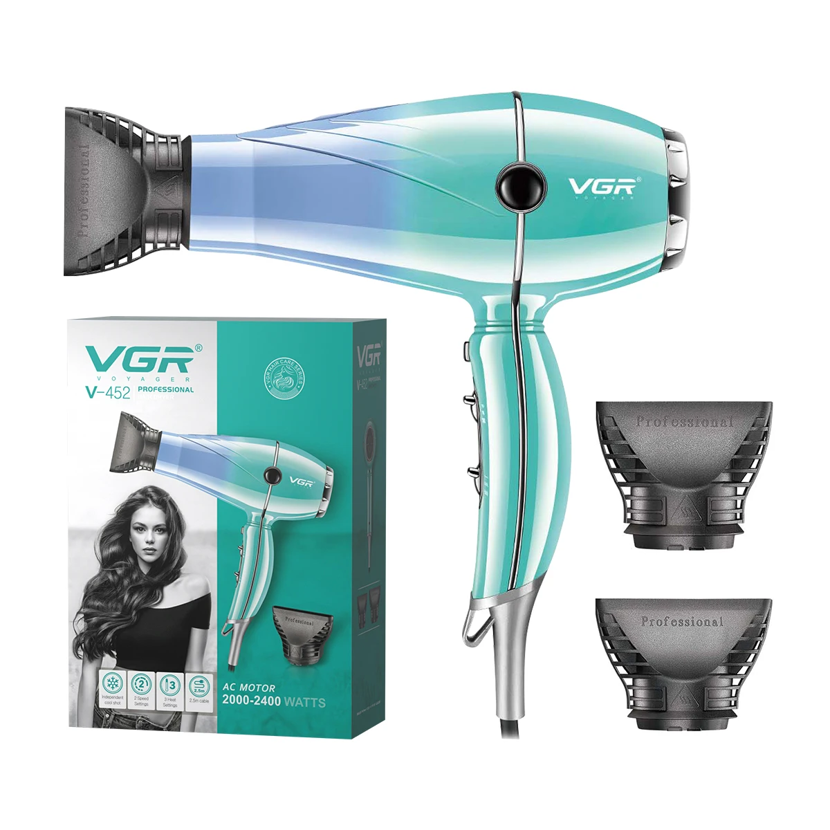 

VGR V-452 Blow Dryer 2000 -2400W AC Motor Electric Professional Salon Commercial Hair Dryer