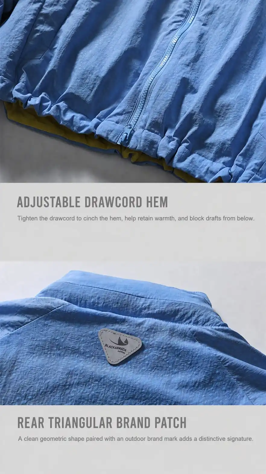 Adjustable drawcord hem and rear triangular brand patch
