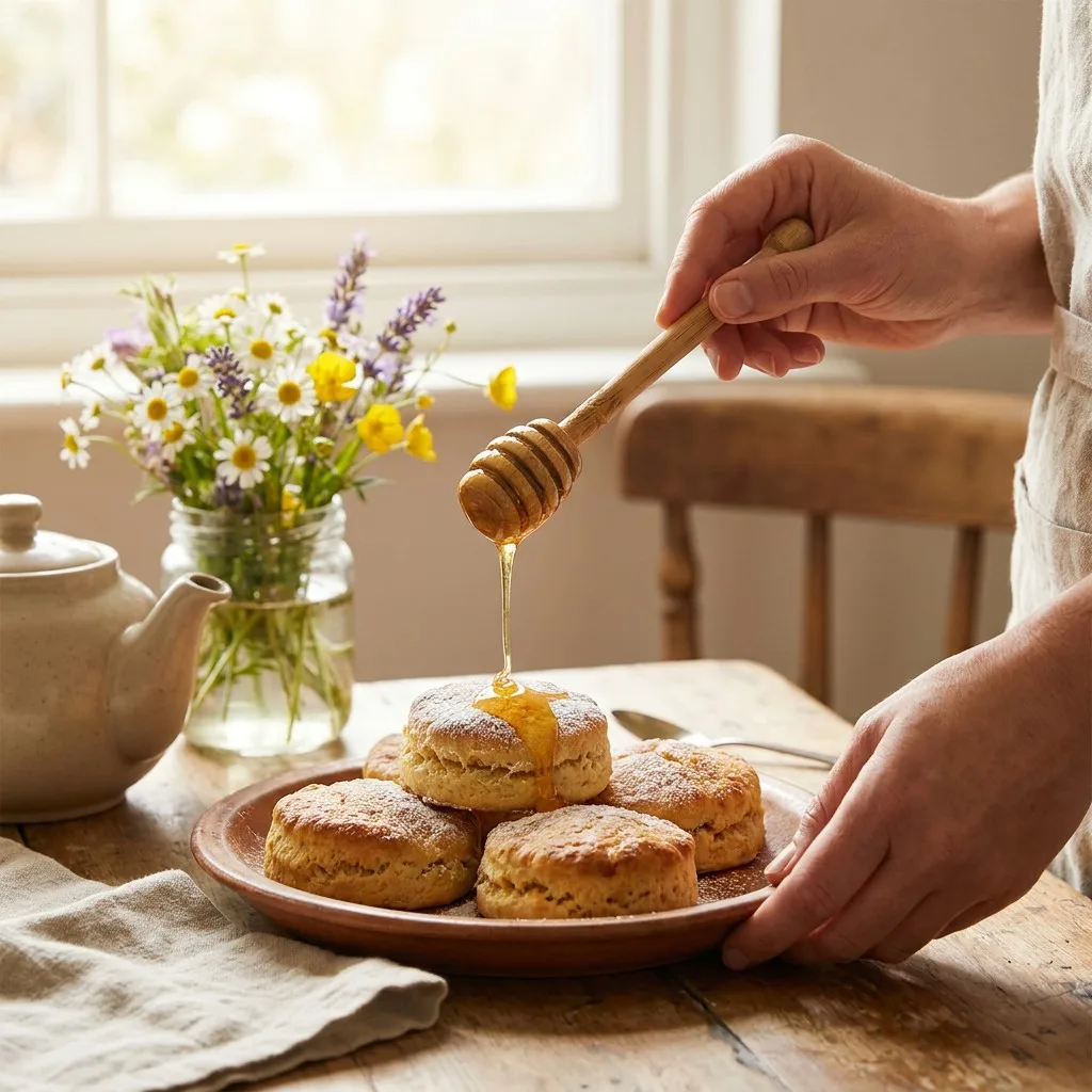 Hands using natural bamboo honey dipper to drizzle honey over freshly baked scones with tea