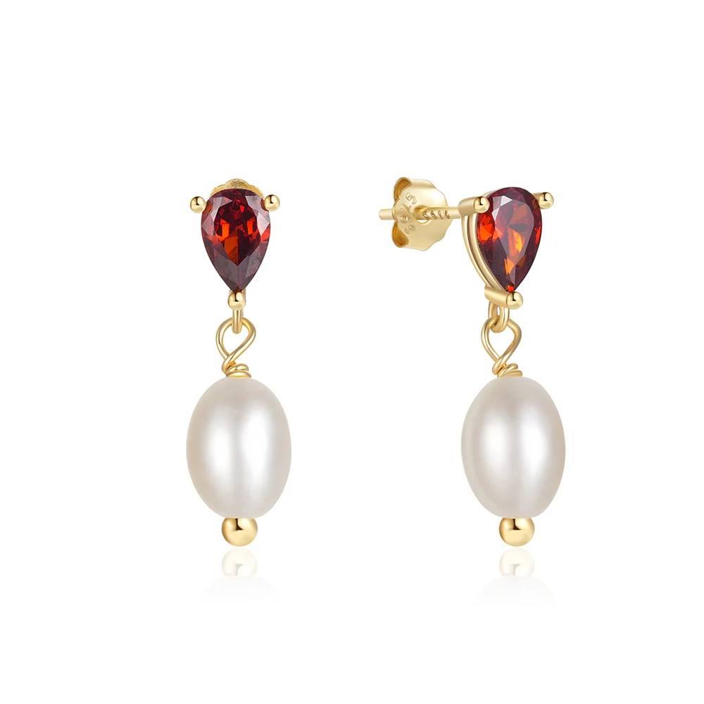 

CANNER S925 Sterling Silver Ruby Water Drop Zirconia Pearl Stud Earrings 18K Gold Plated Luxury Pearl Pendant Earring Jewelry