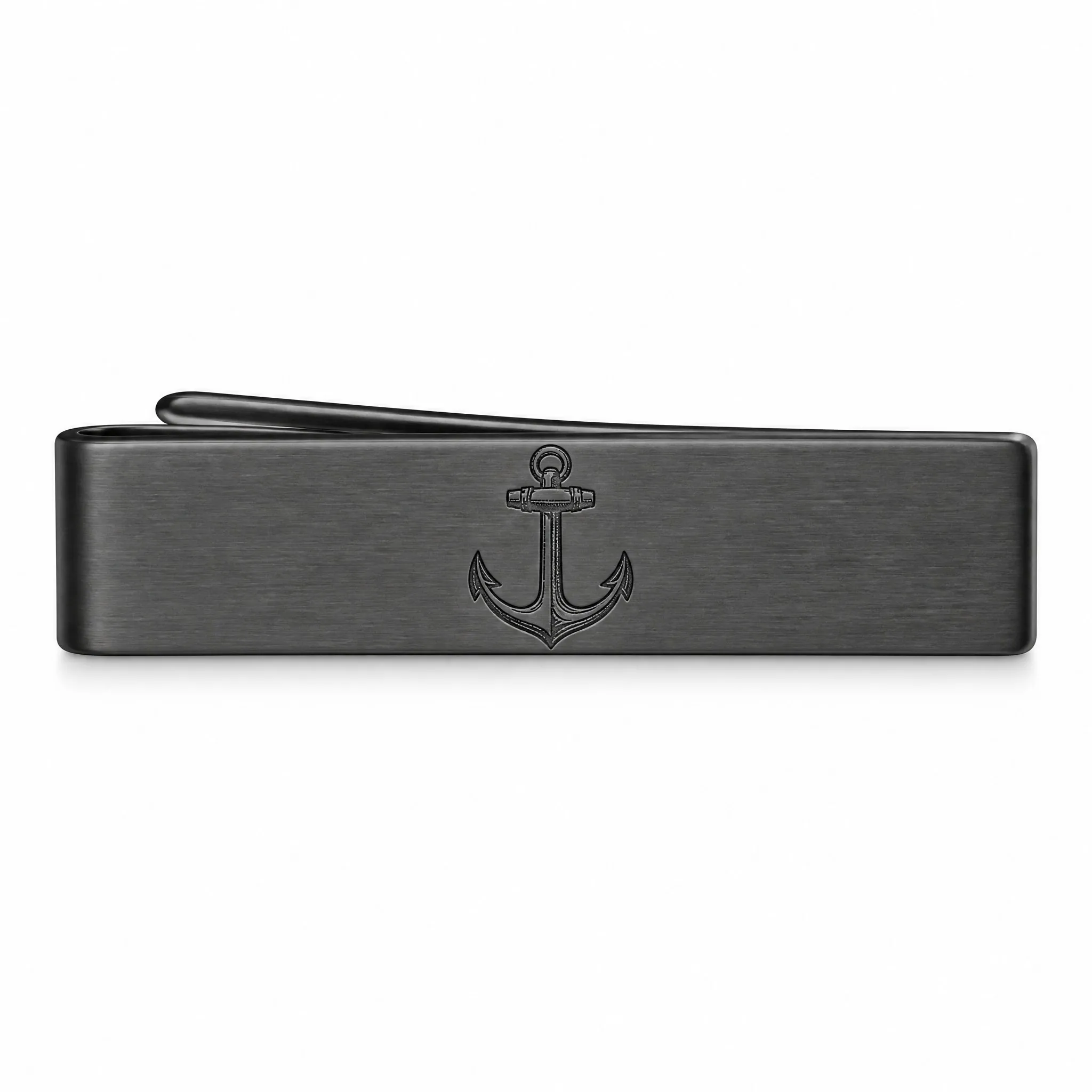 Laser engraved tie clip front view on white background
