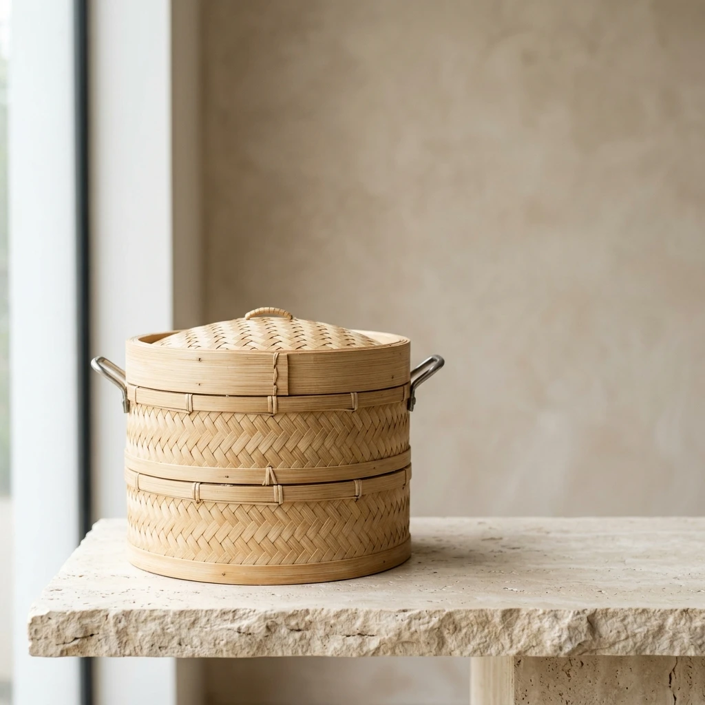 Artisanal Bamboo Steamer Basket — 2-tier hand-woven steam cooker with bamboo lid