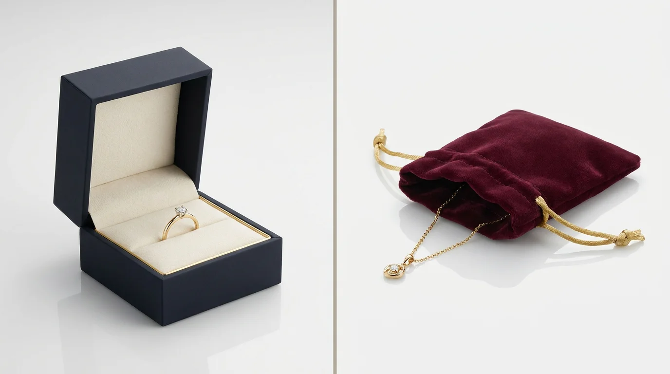 Comparison of a navy rigid jewelry ring box versus a burgundy velvet drawstring pouch holding a gold necklace