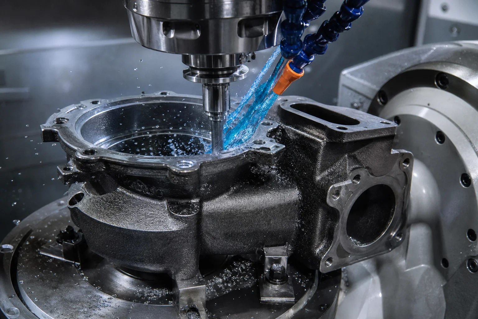 5-axis CNC machining center precision milling turbocharger turbine housing contour