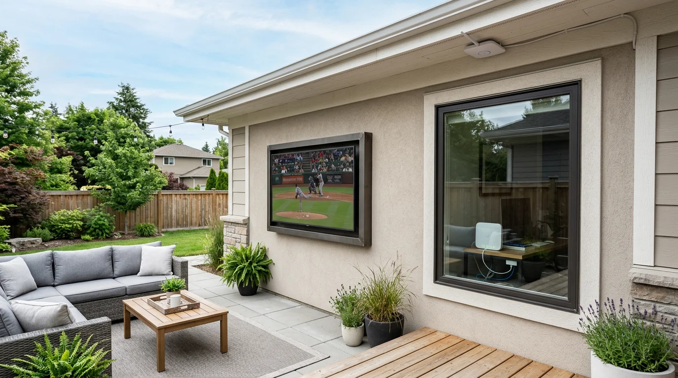 Outdoor TV with mesh WiFi access point providing backyard coverage