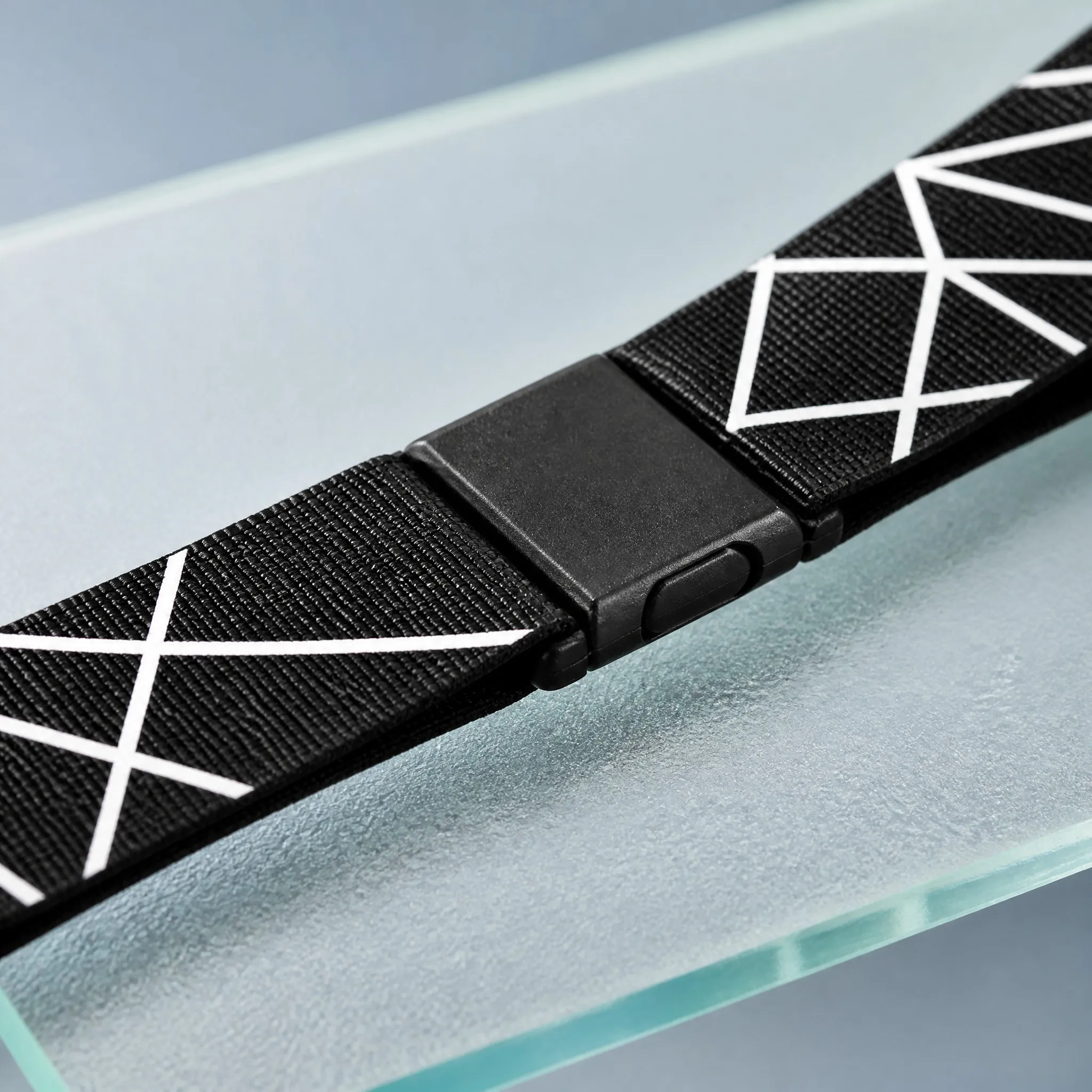 Close-up of silk screen printed pattern and plastic breakaway clip