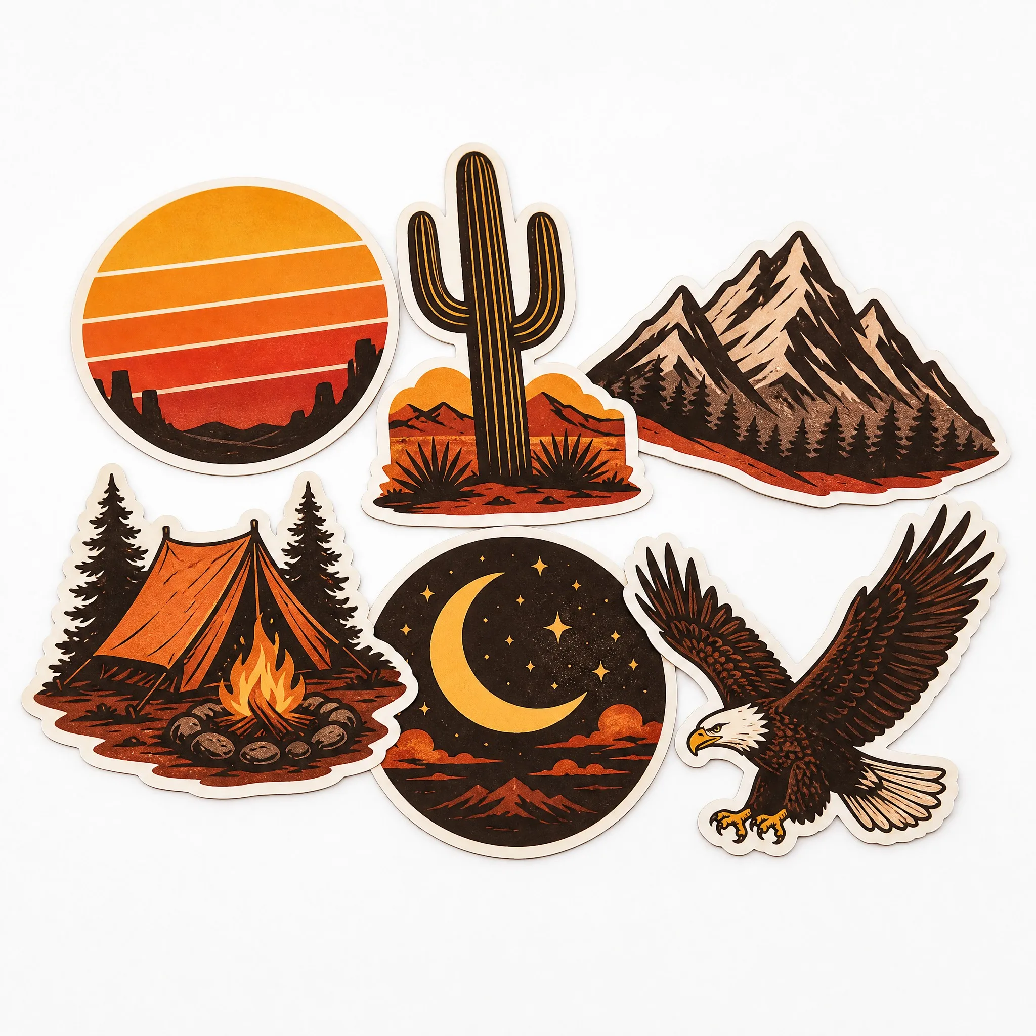 Custom car sticker set - six retro American West designs on white background