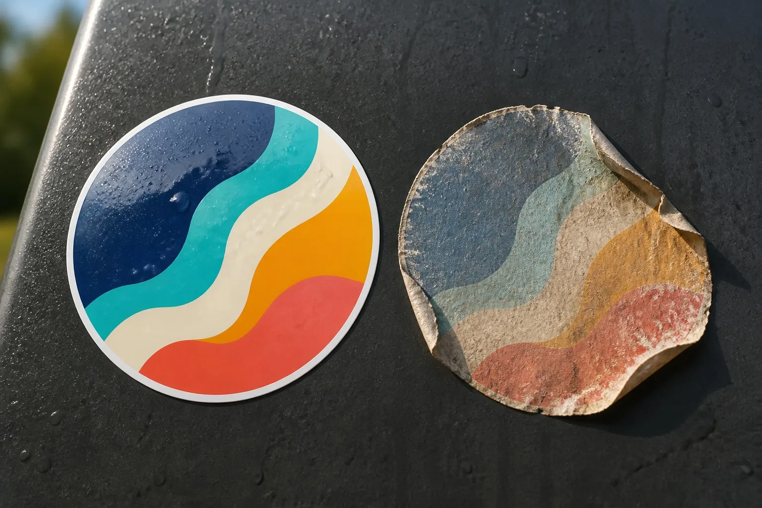 Laminated vinyl sticker vs faded paper sticker after weather