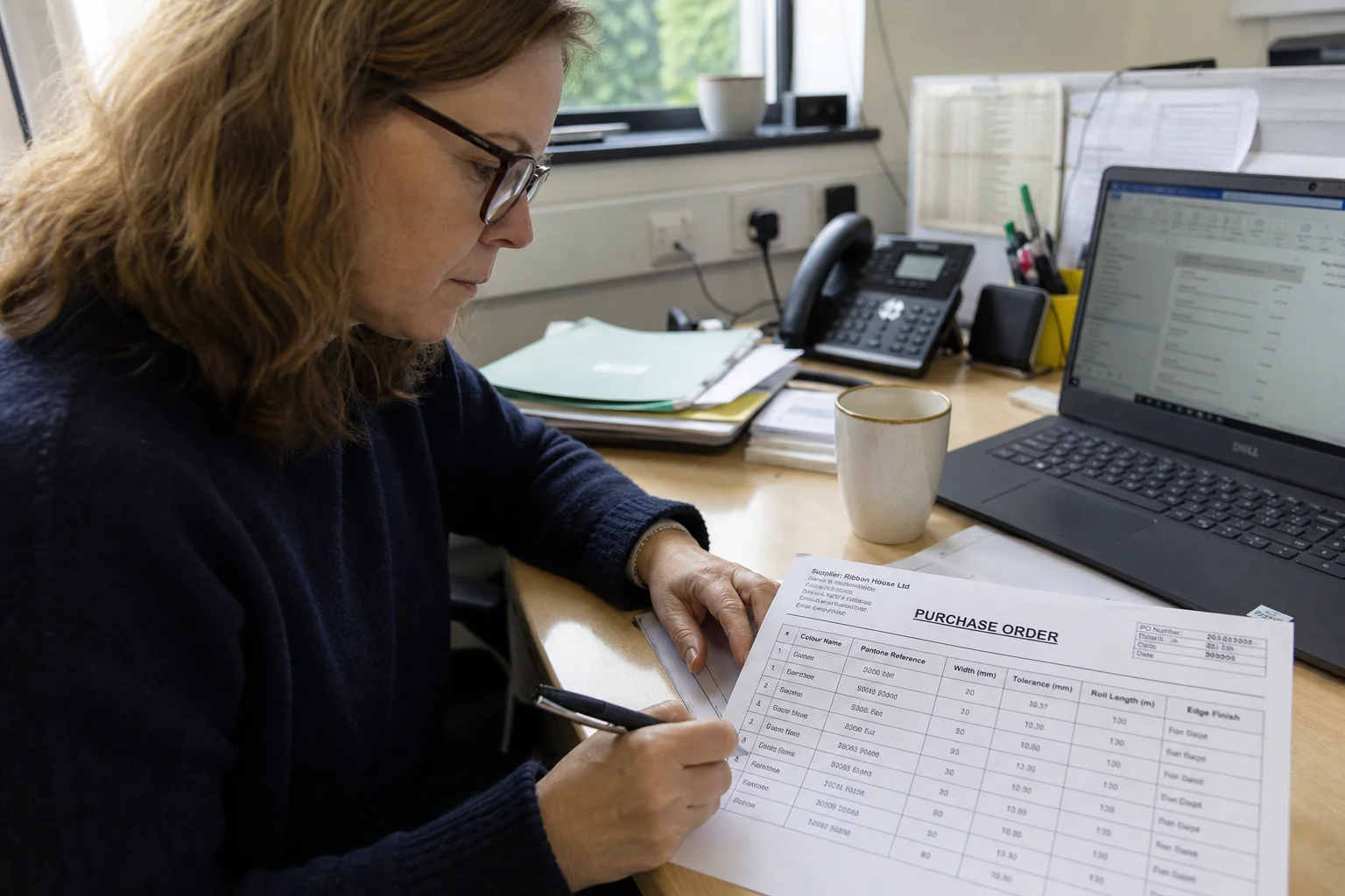 Buyer reviewing a detailed ribbon purchase order document with colour references and tolerance specifications
