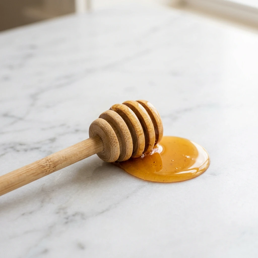 Natural bamboo honey dipper stick with grooved head and golden honey on marble surface