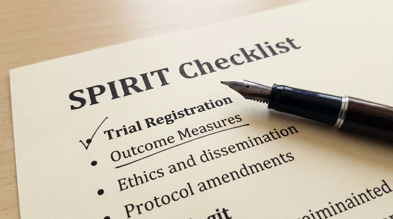 Close-up of SPIRIT checklist and medical protocol documentation