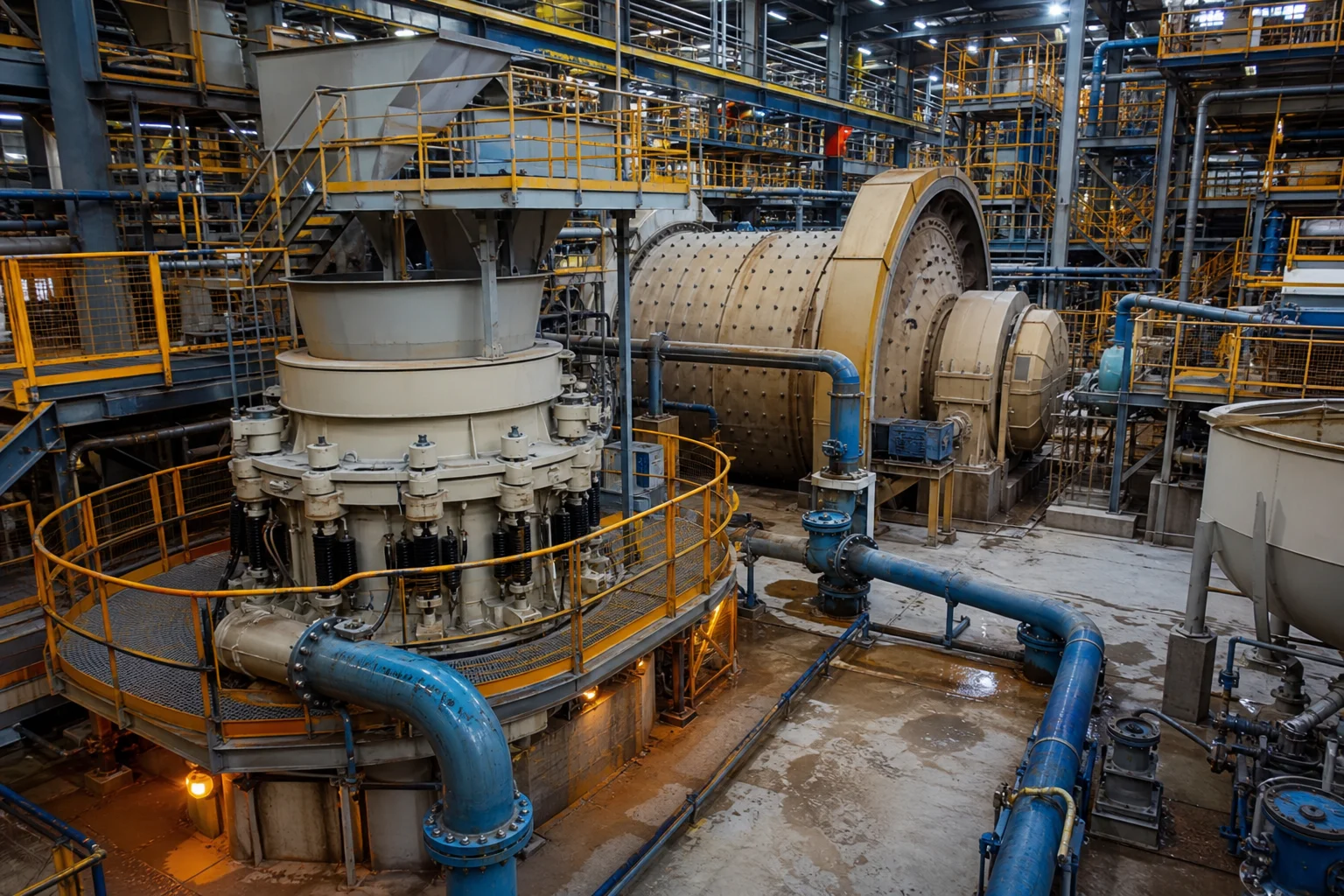 Tertiary hydraulic cone crusher operating in gold ore grinding preparation plant