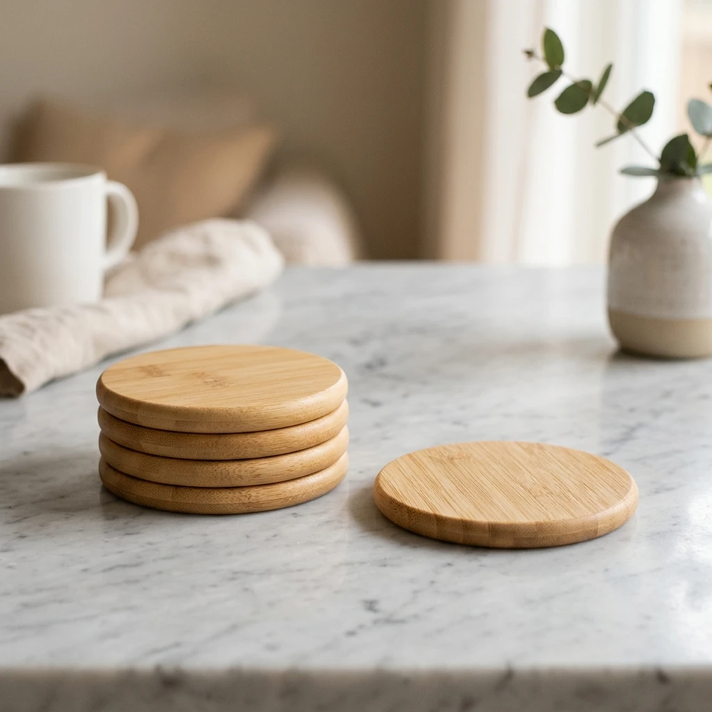Minimalist bamboo drink coasters set stacked on marble surface with single coaster beside stack
