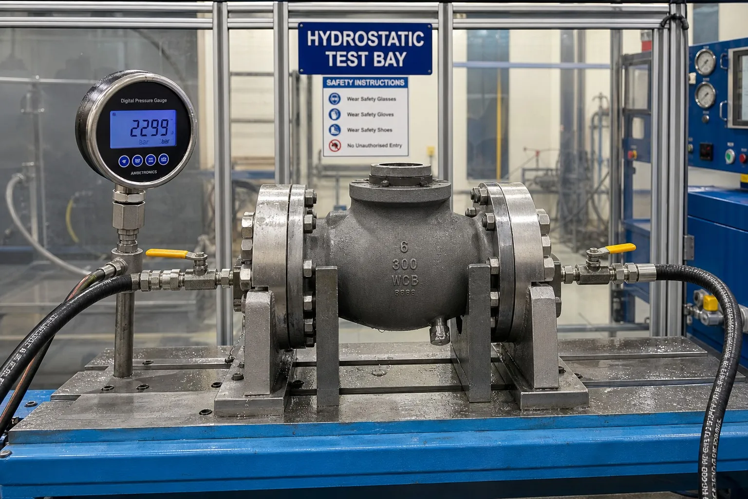 Valve body hydrostatic pressure test with blind flanges and pressure gauge