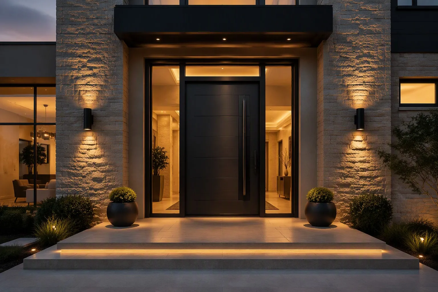 Luxury villa entrance with high-security aluminum glass exterior door warm interior twilight