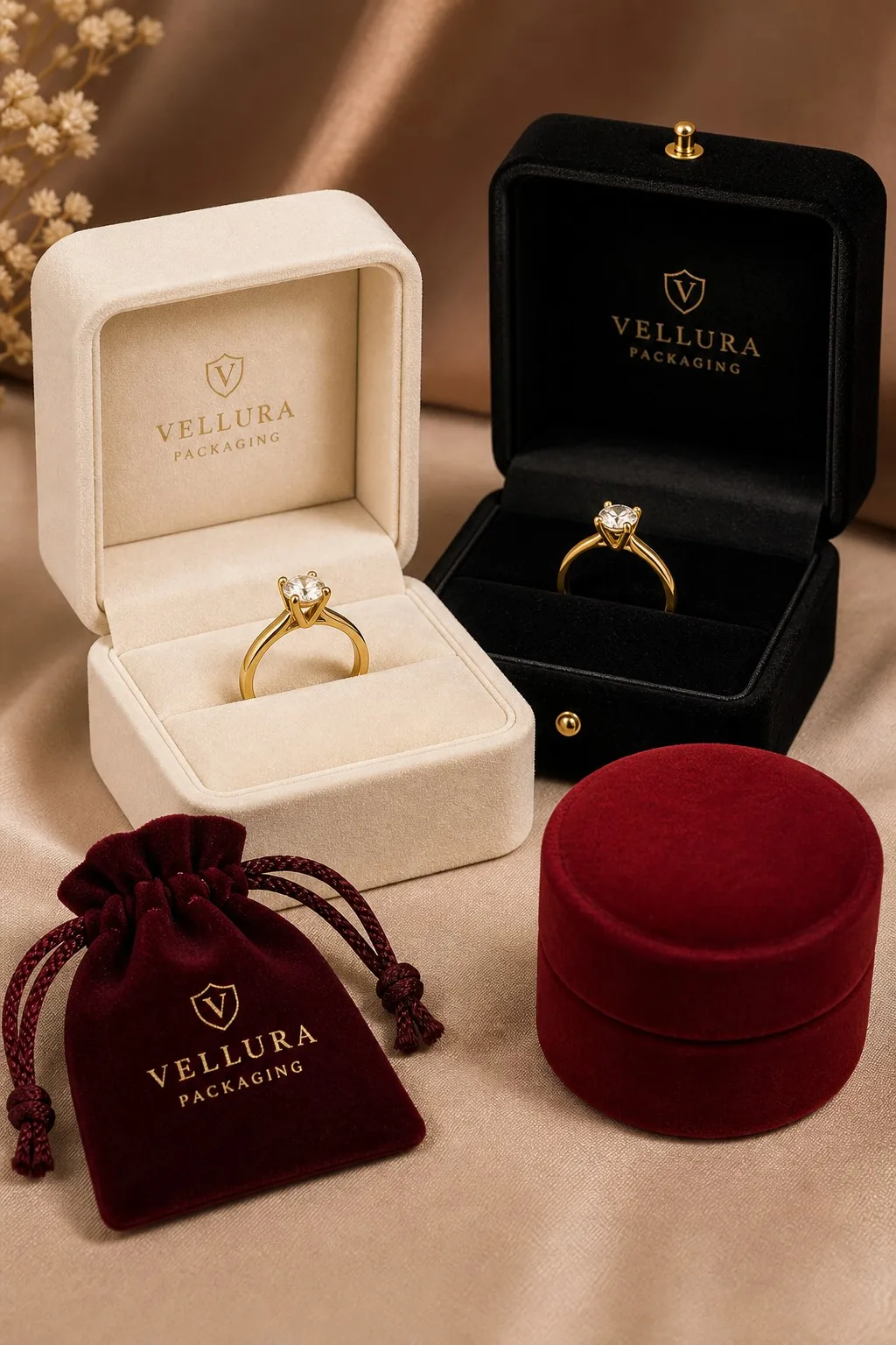 Ivory velvet ring box open with a gold solitaire ring upright, black hinged ring box, burgundy ring pouch, and round red ring box