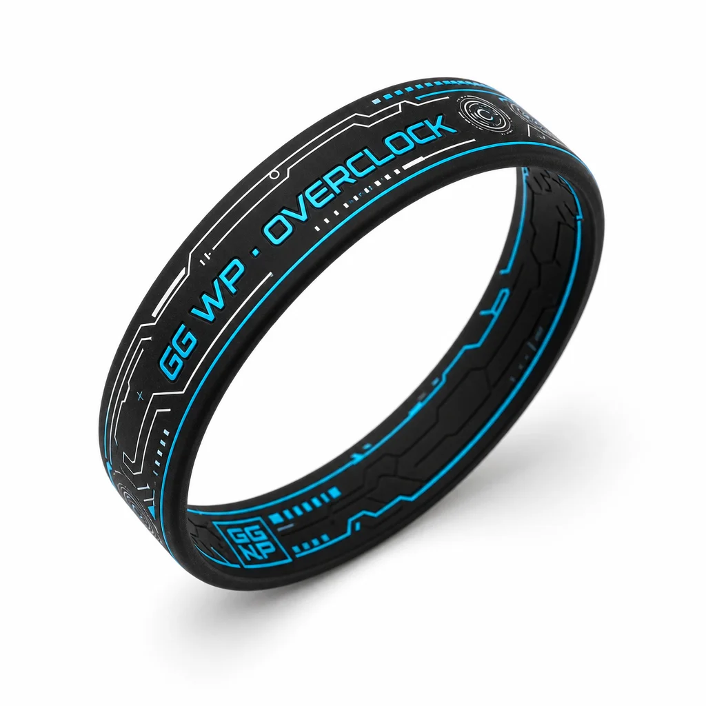 Custom esports tournament silicone wristband hero view on white background