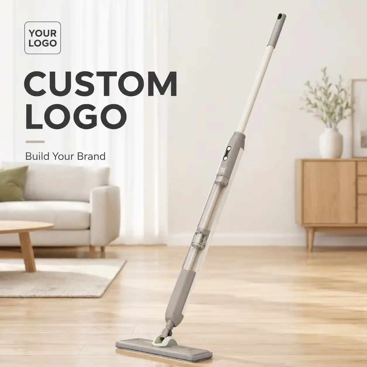 T8 cordless electric floor washer standing on hardwood flooring with custom logo panel on the body