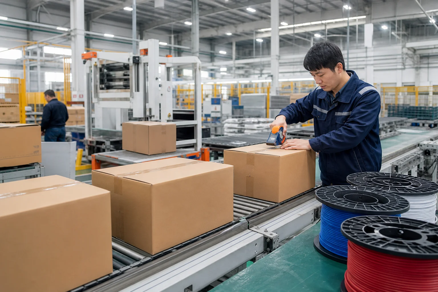 OEM cable packaging line with cartons and printed reels