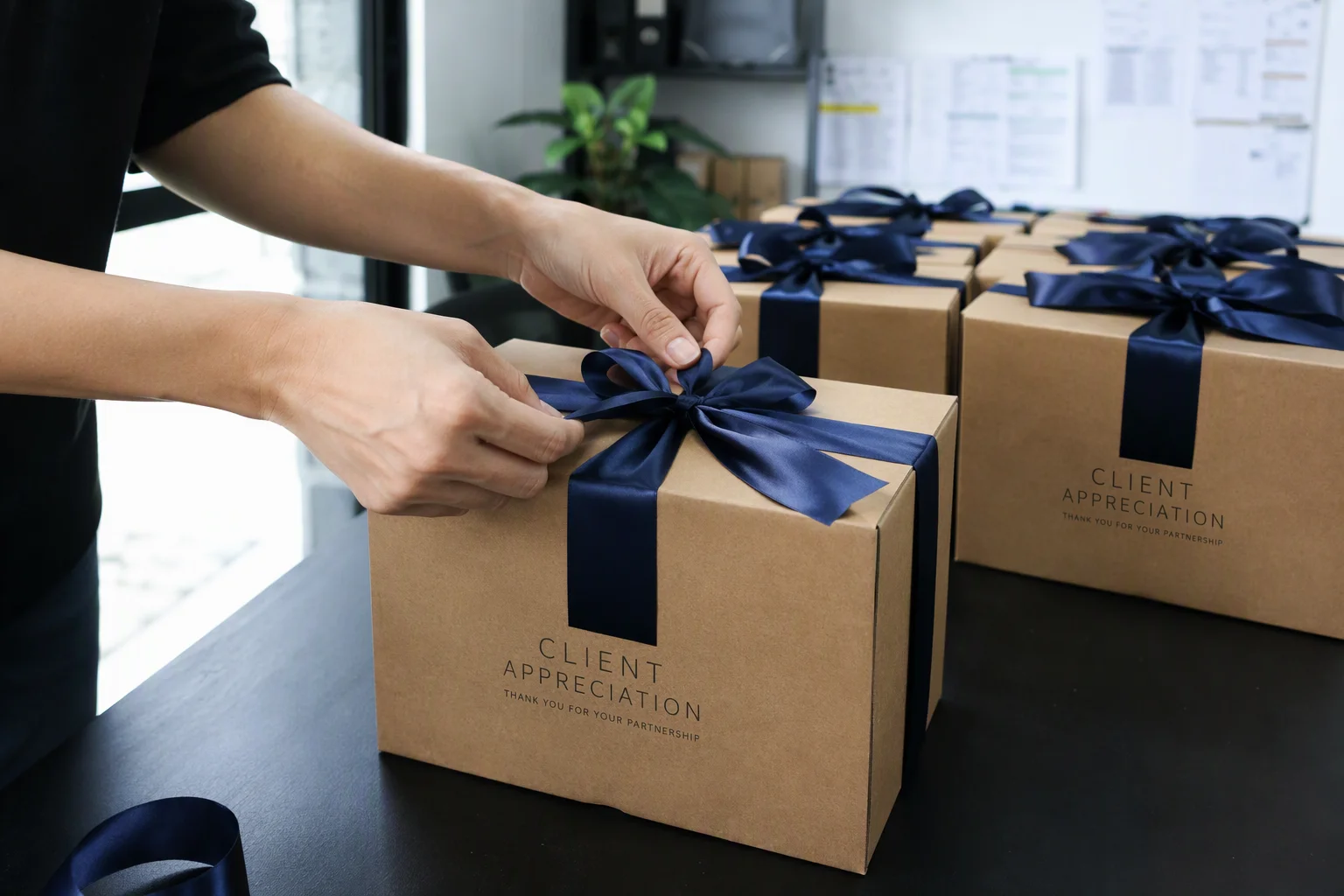 Corporate gift packaging with satin ribbon bow