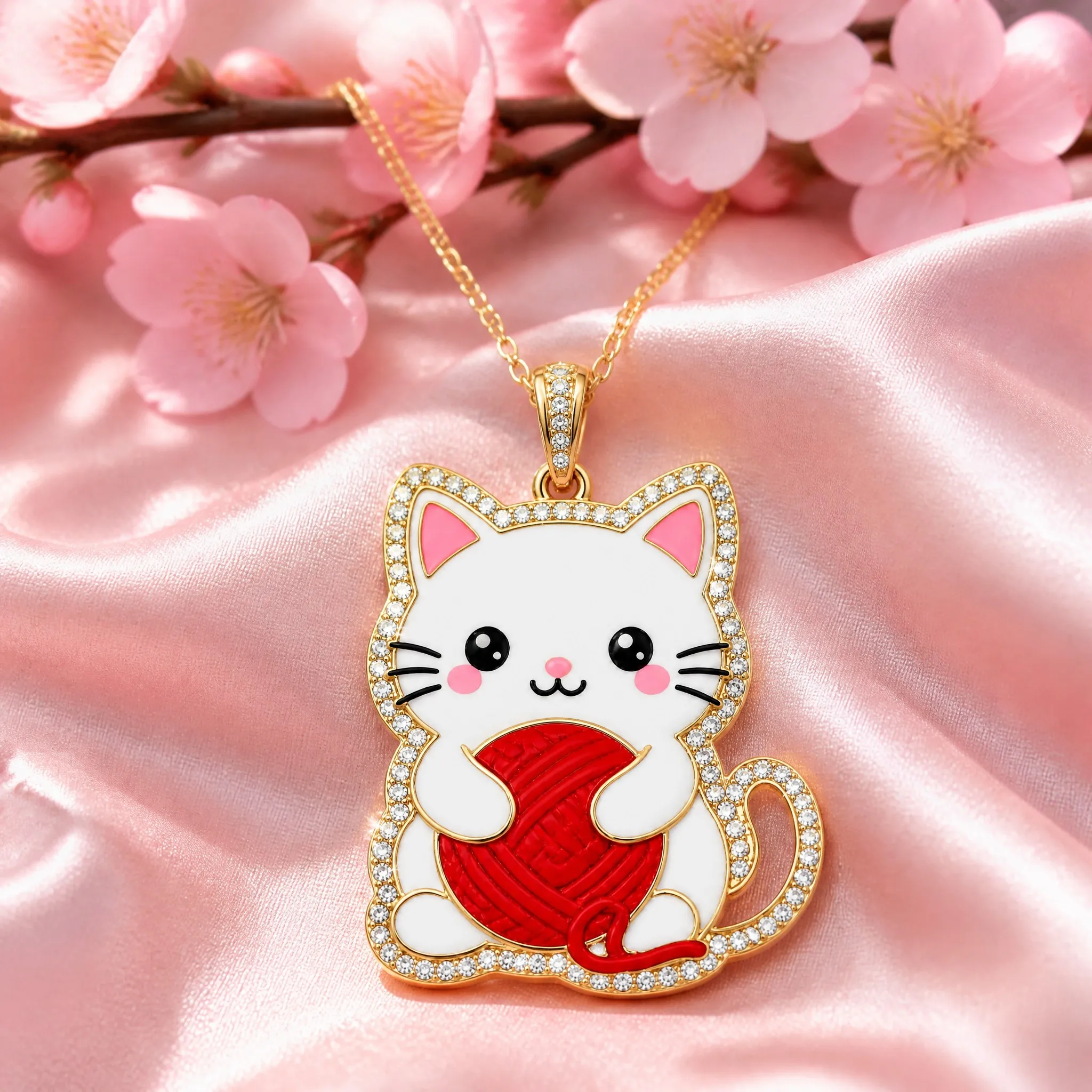 Cat pendant necklace styled on pink satin with cherry blossoms