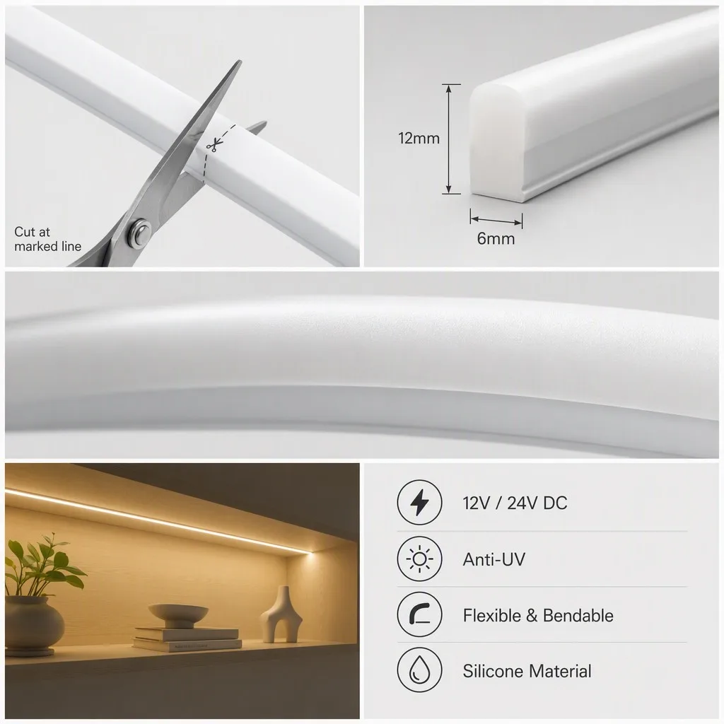 Premium 6x12mm side-view silicone LED neon flex - complete technical overview (cut-to-length, 6mm x 12mm profile, silicone construction, recessed furniture installation, 12V/24V options)