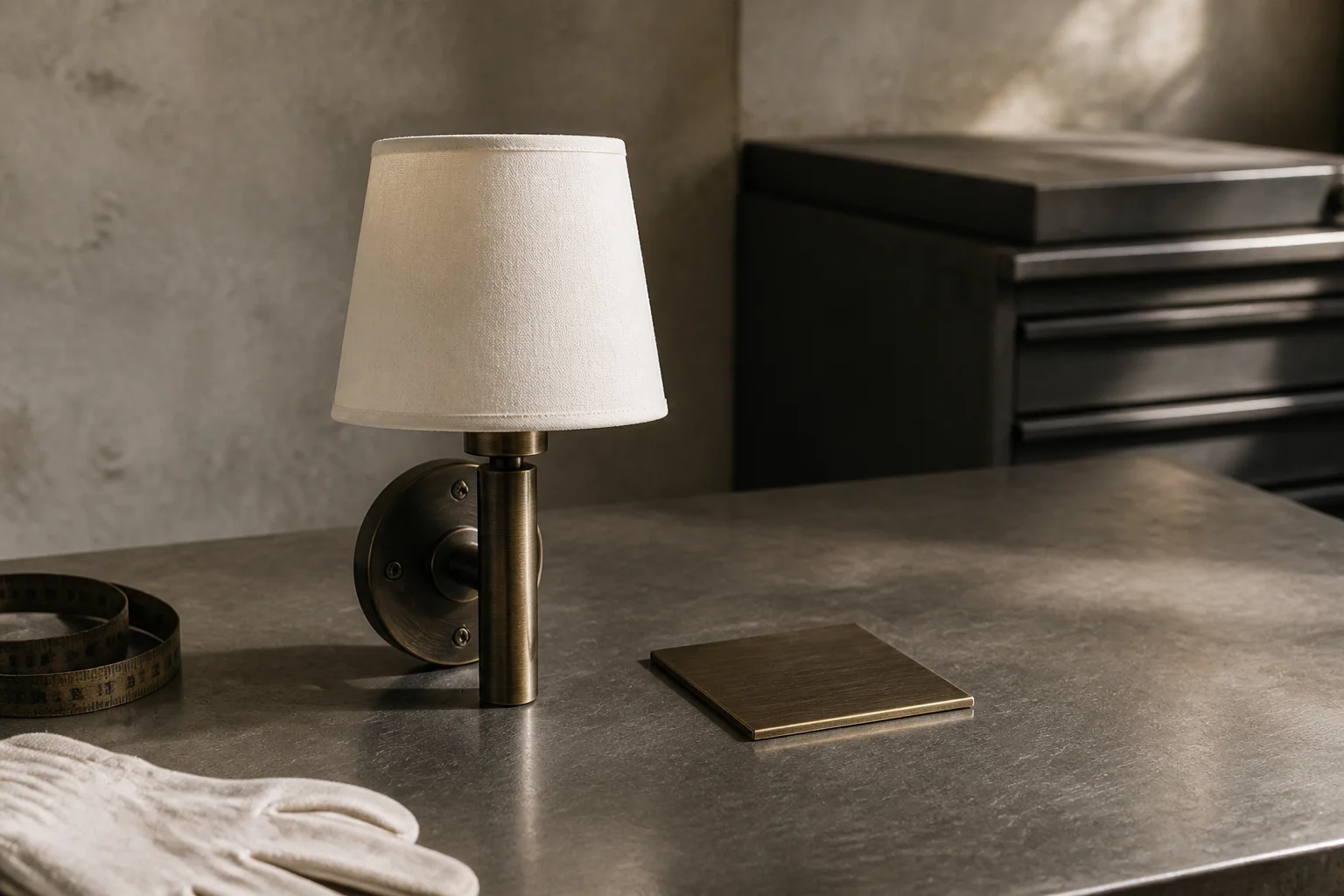 A hand-built lighting sample on a workshop bench beside a finish reference tile