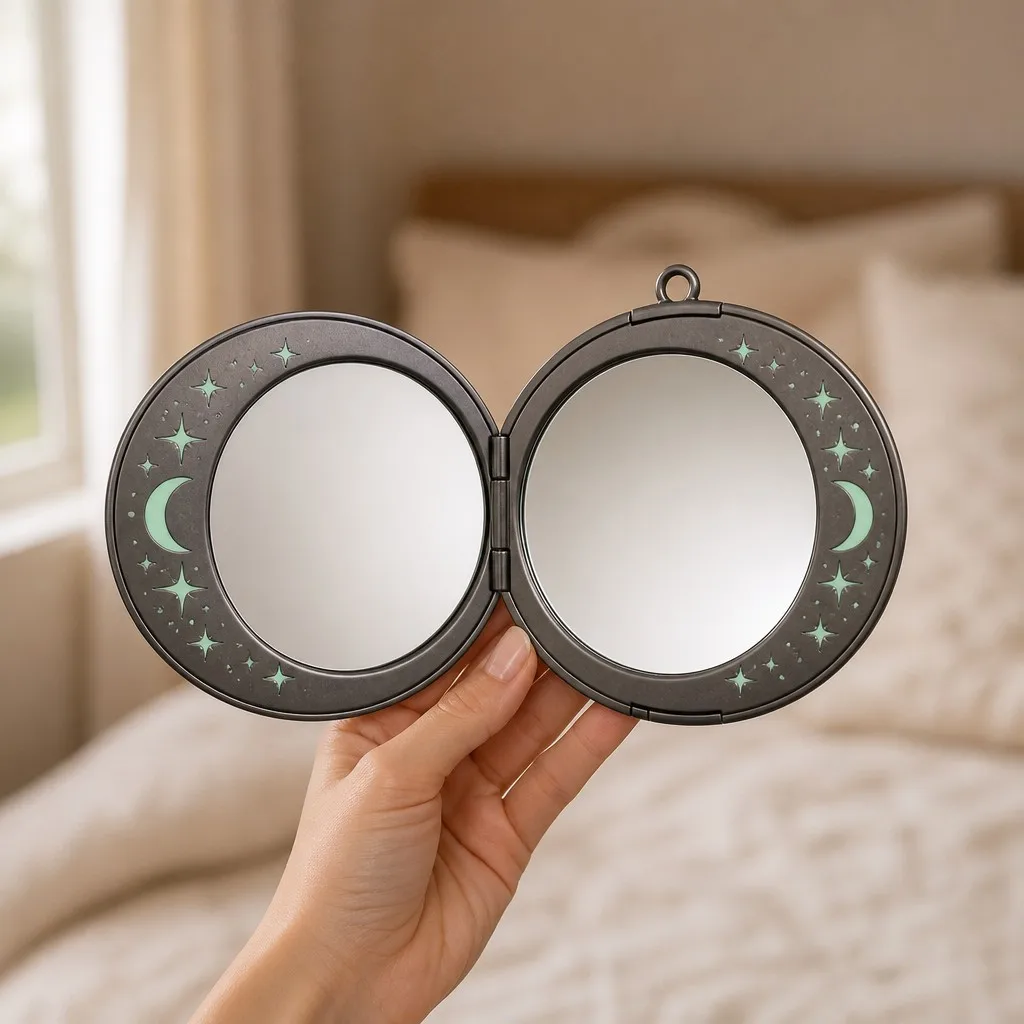 Holding the glow makeup mirror in hand