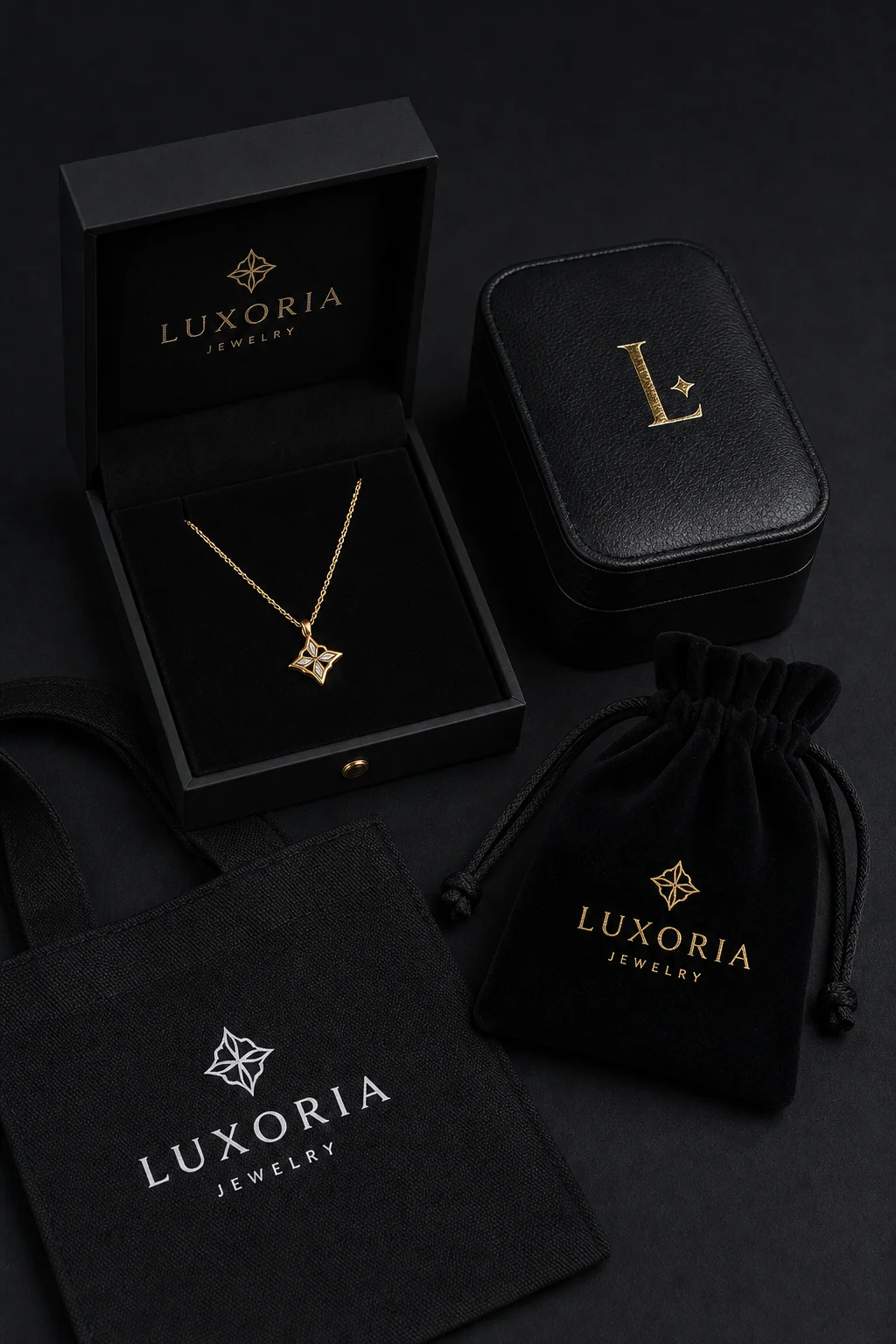 Black jewelry packaging set: matte black box with gold foil logo and gold necklace on velvet, black leather box with monogram, black velvet pouch, and black cotton bag