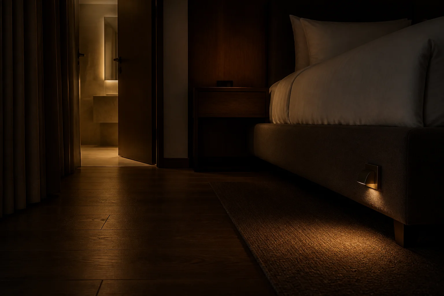 Shielded low-level night light beside a hotel bed, casting a soft pool of light along the night path to the bathroom