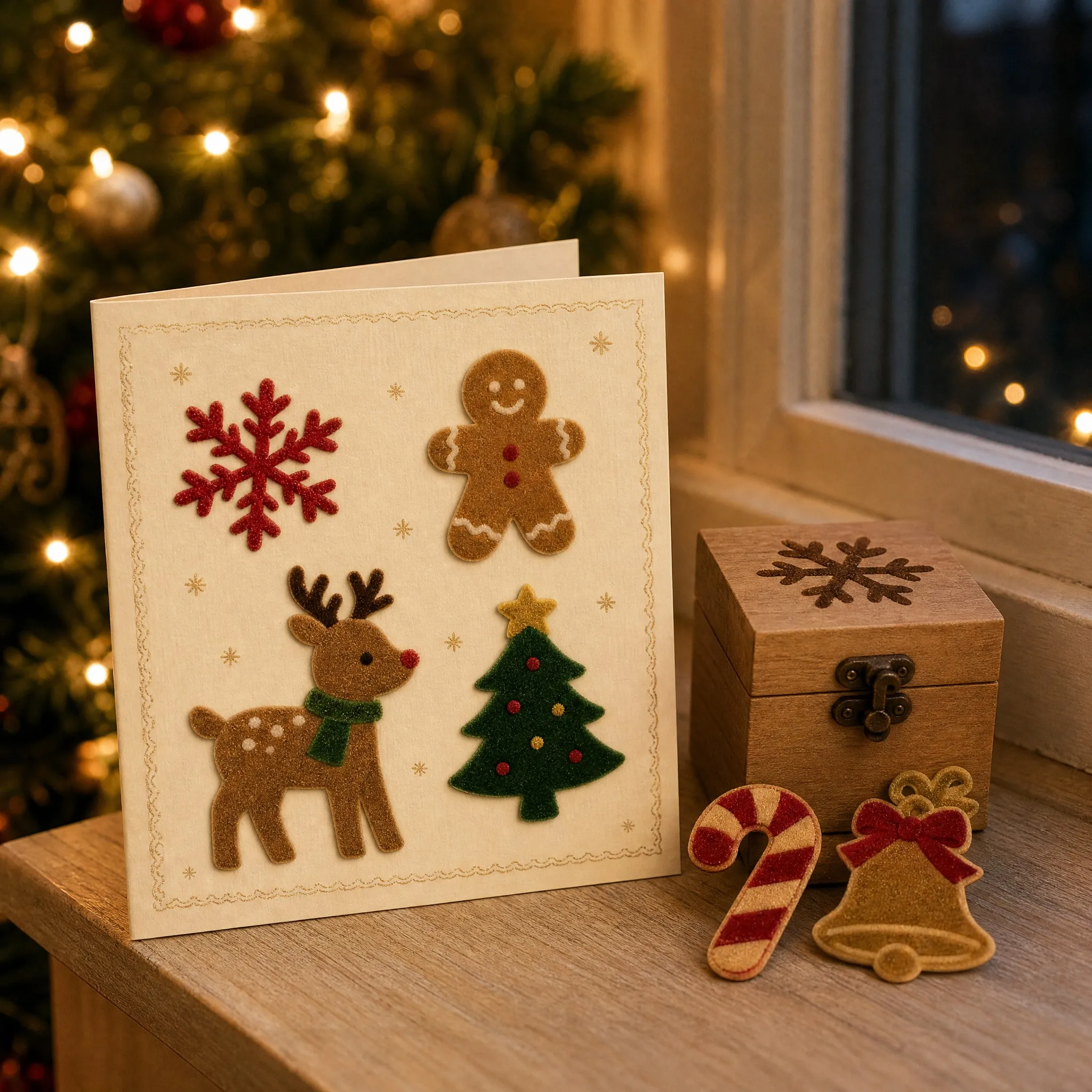 Flocking stickers on a Christmas card and wooden box near a lit tree