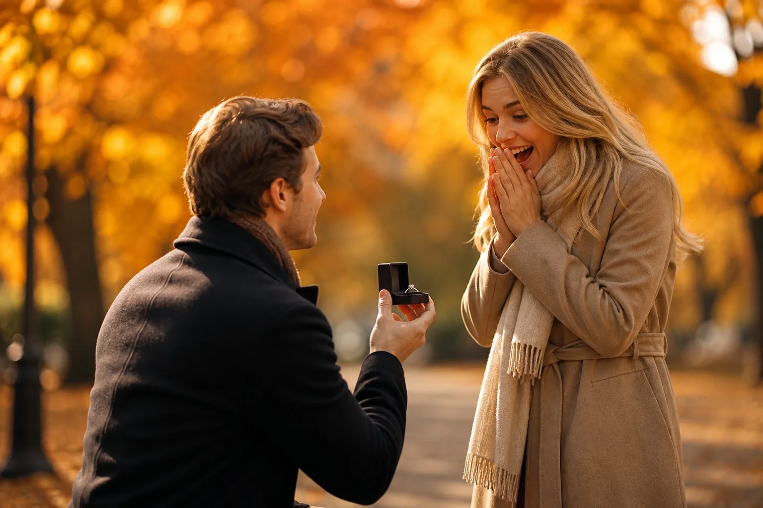 Romantic autumn proposal in a golden park