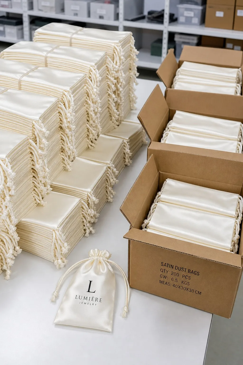 Stacks of ivory satin drawstring pouches bundled in dozens beside filled shipping boxes