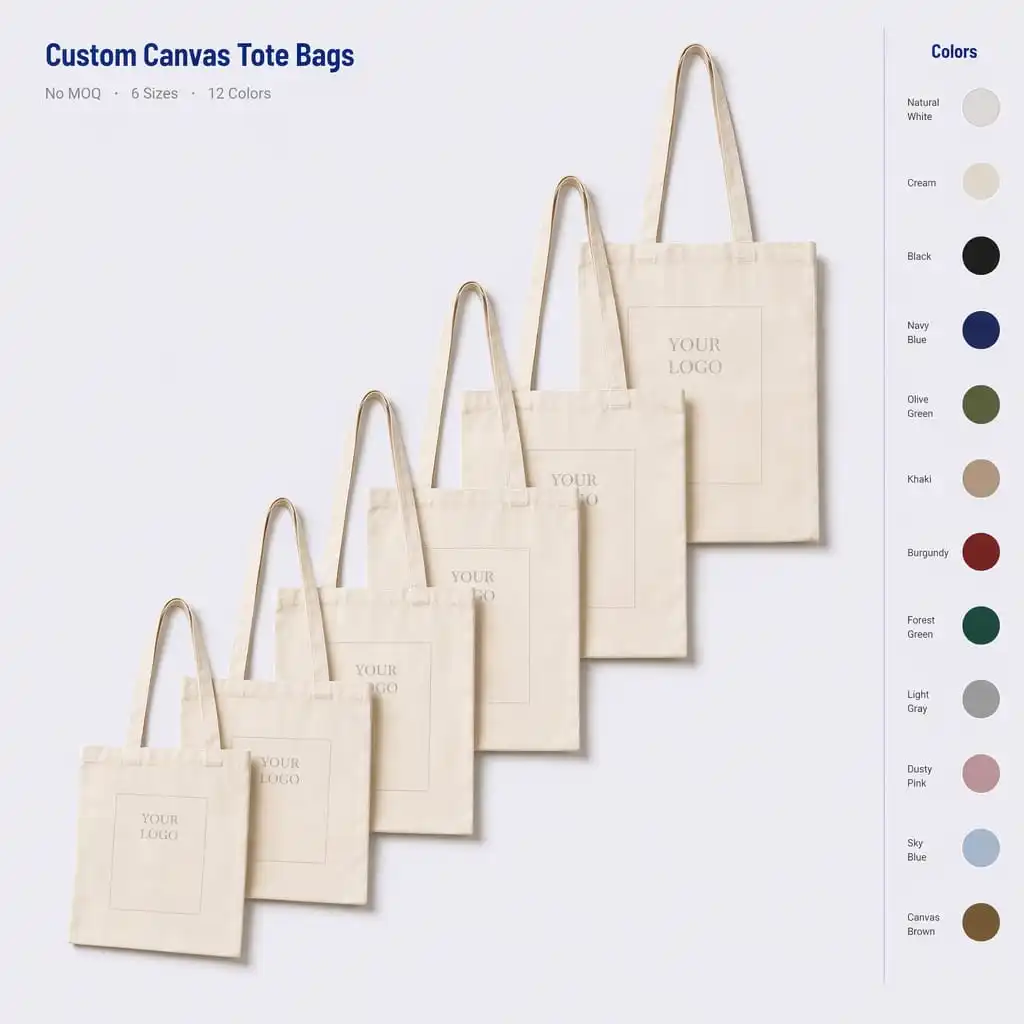 Six sizes of natural cotton canvas tote bags with 12 color swatches